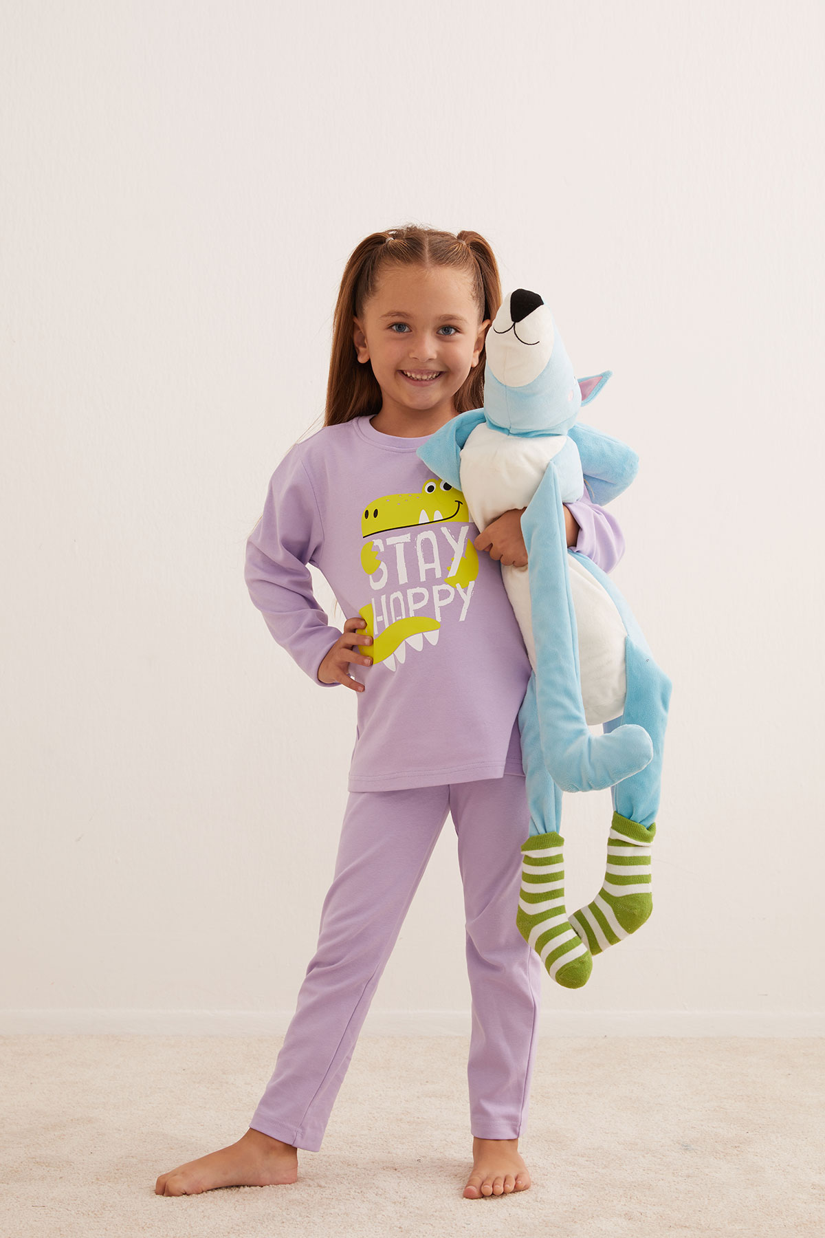 Kız Çocuk Pamuklu Dinozor Baskı Detaylı Uzun Taytlı Pijama Takımı