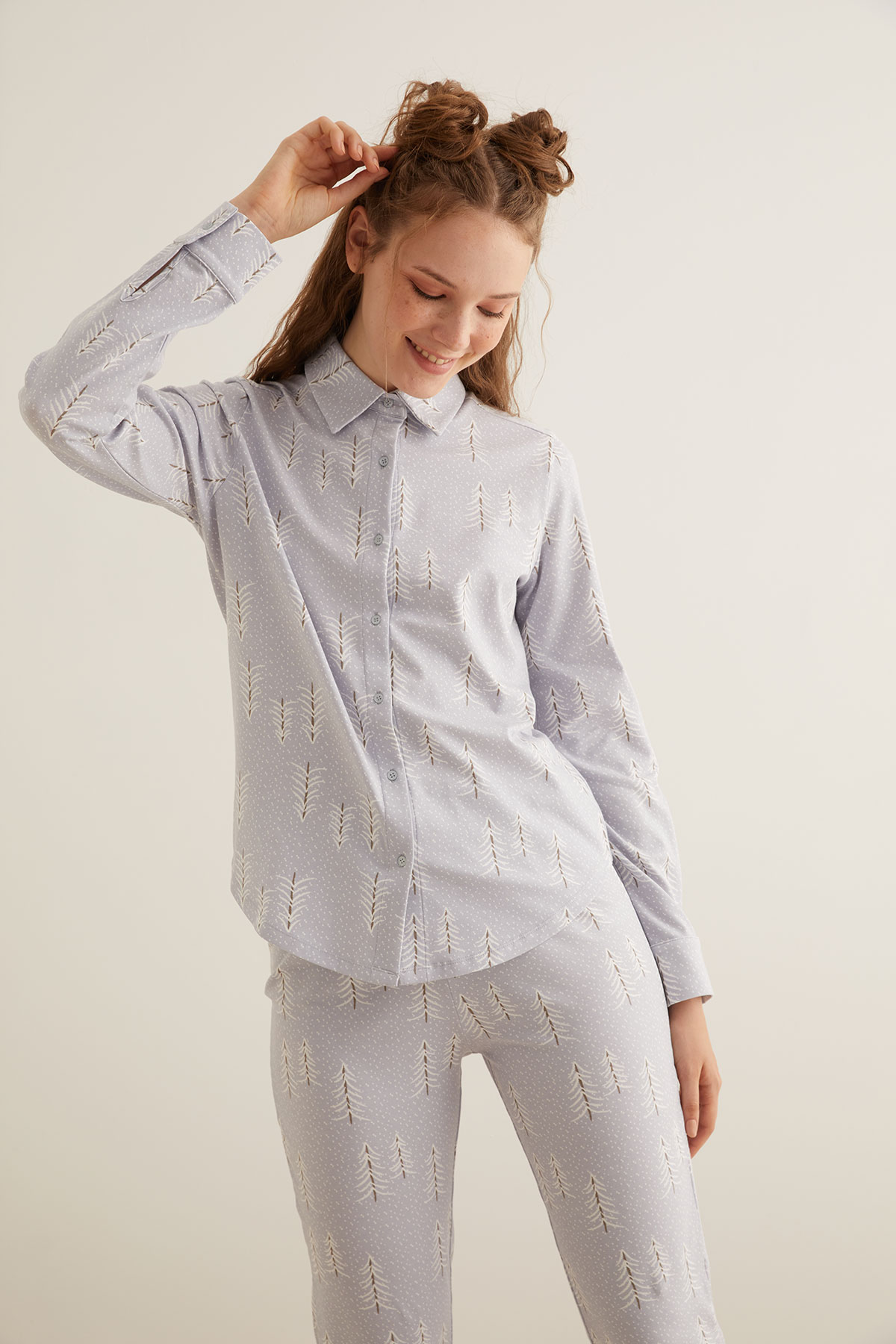 Kadın Çam Baskılı Gömlek Pijama Üstü