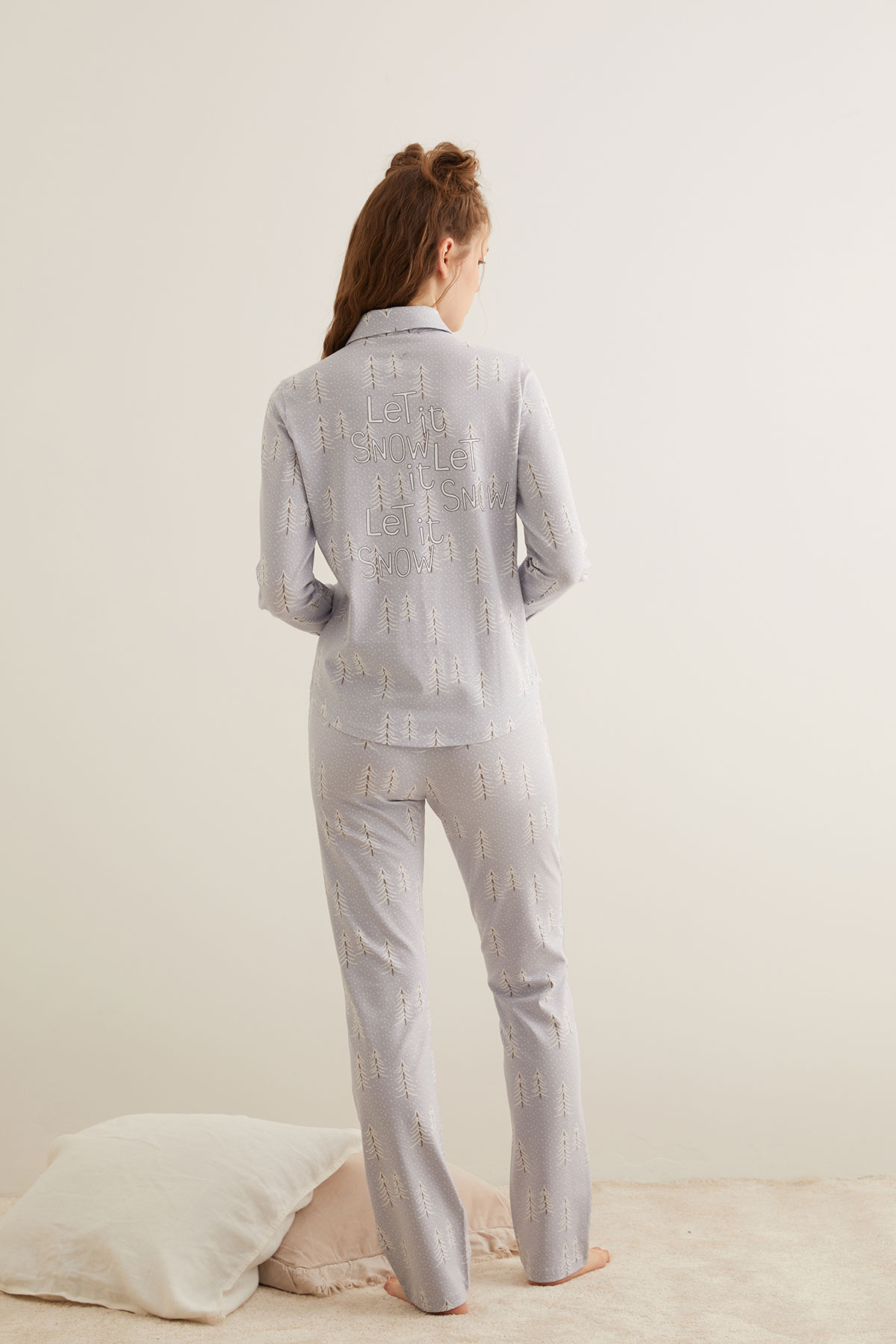 Kadın Çam Baskılı Belde Süs Biye Detaylı Uzun Pijama Altı
