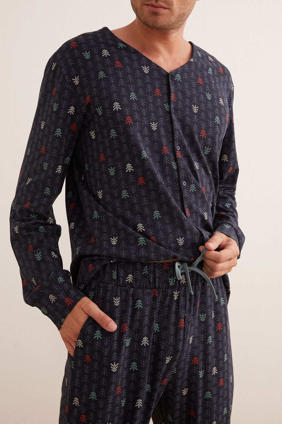 Erkek Pamuklu Düğmeli Uzun Pijama Takımı