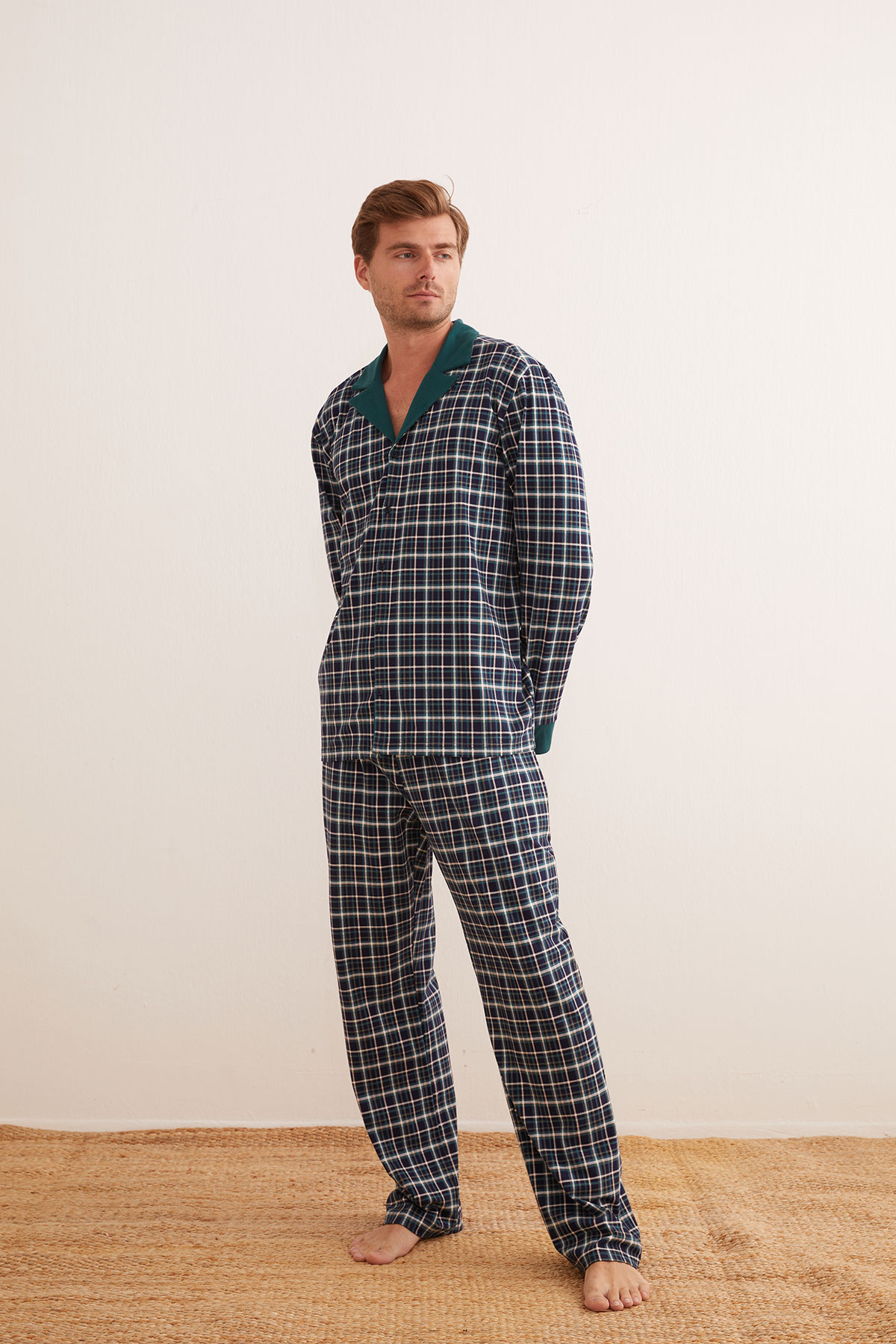 Erkek Pamuklu Gömlek Yaka Uzun Pijama Takımı	