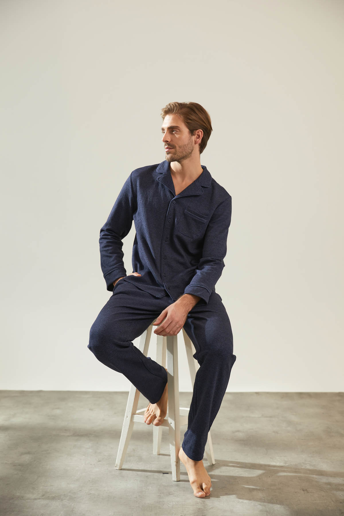 Erkek Lacivert Çizgili Gömlek Yakalı Uzun Ev Giyim Takım