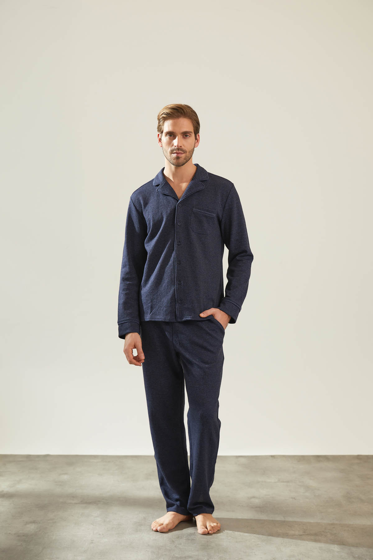 Erkek Lacivert Çizgili Gömlek Yakalı Uzun Ev Giyim Takım