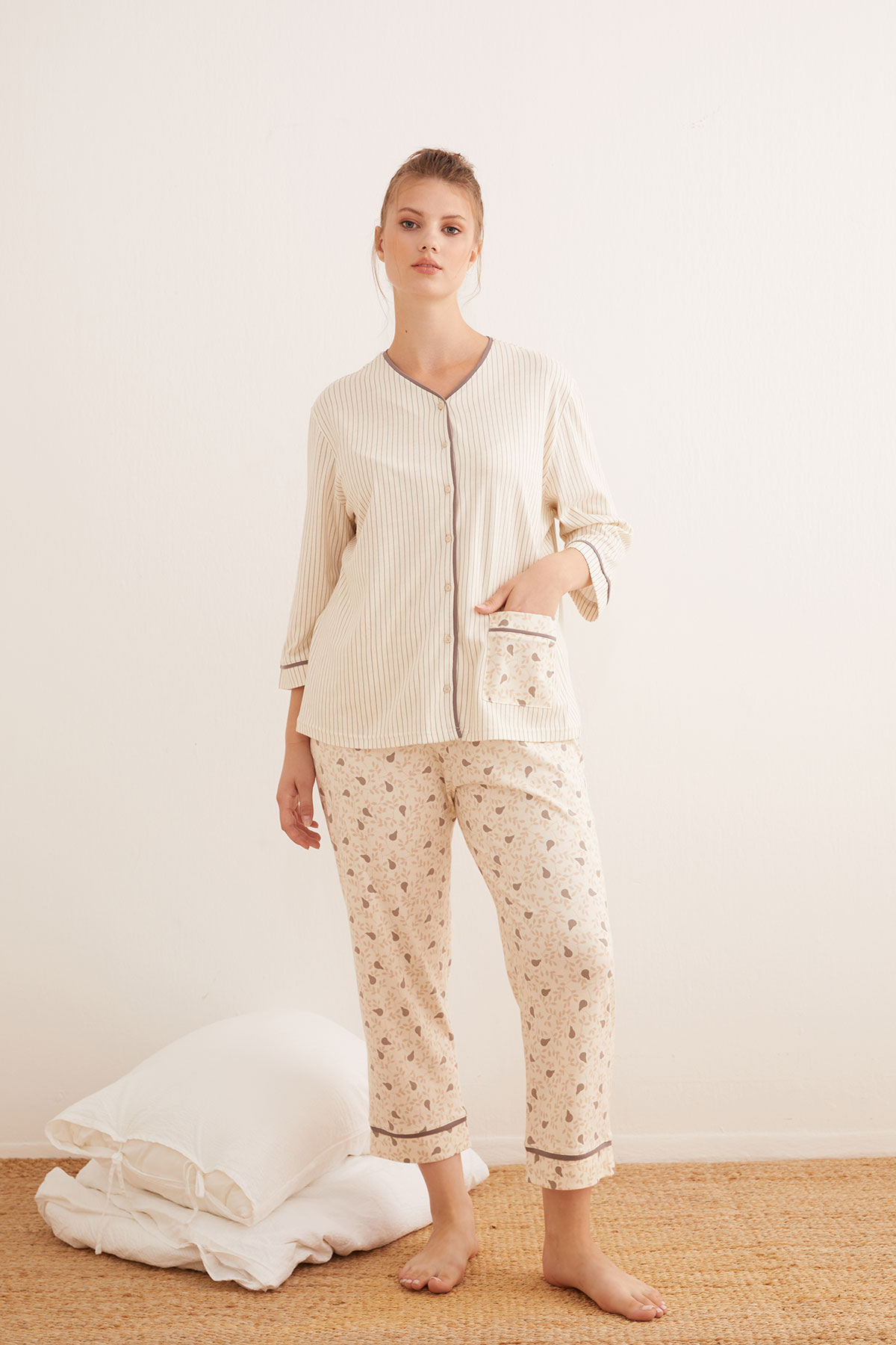 Kadın Büyük Beden Modal Karışımlı Pamuklu Pijama Takımı