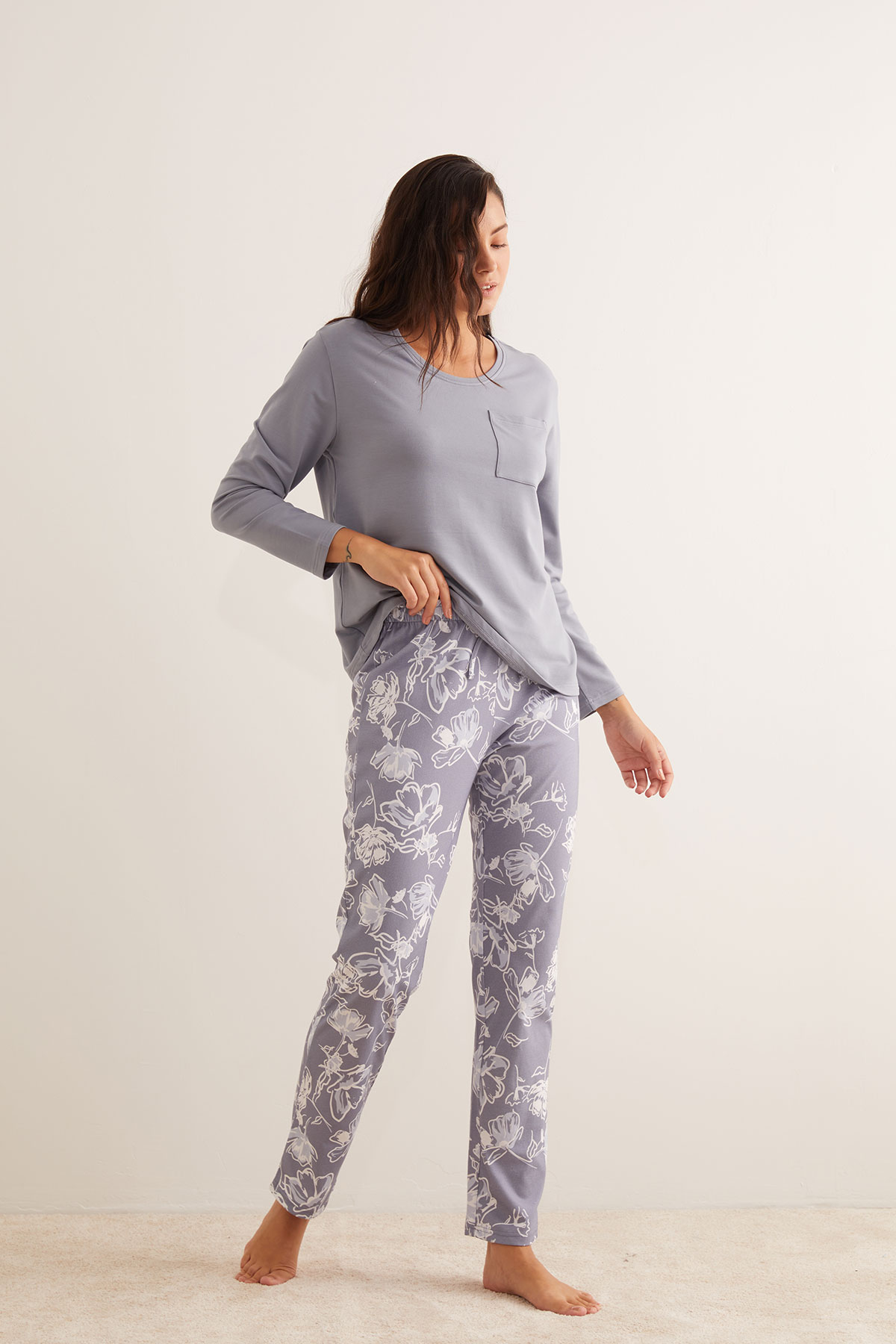 Kadın Pamuklu Belde Süs Biye Detaylı Uzun Pijama Altı