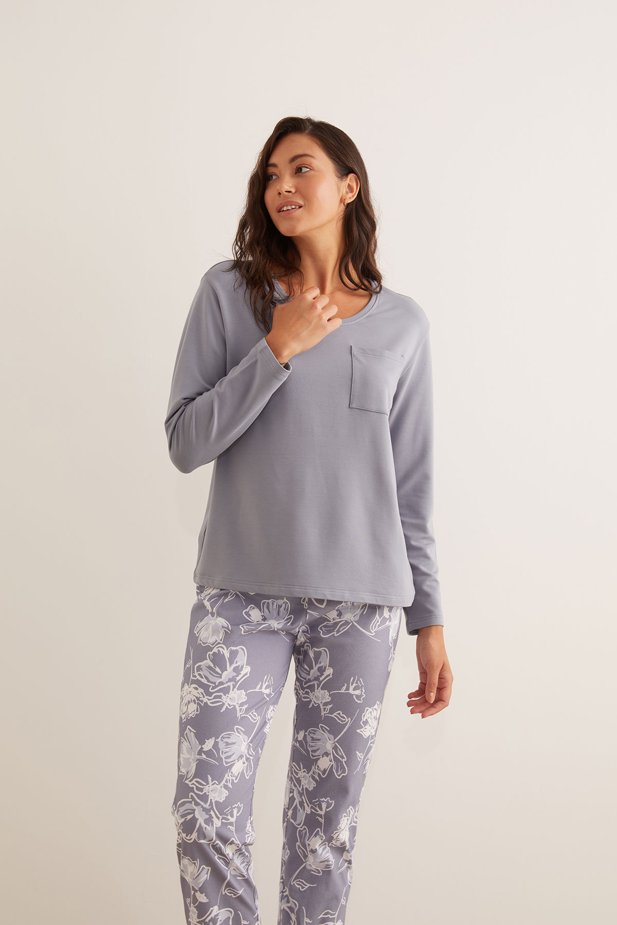 Kadın Modal İki İplik Üst Penye Uzun Pijama Takımı