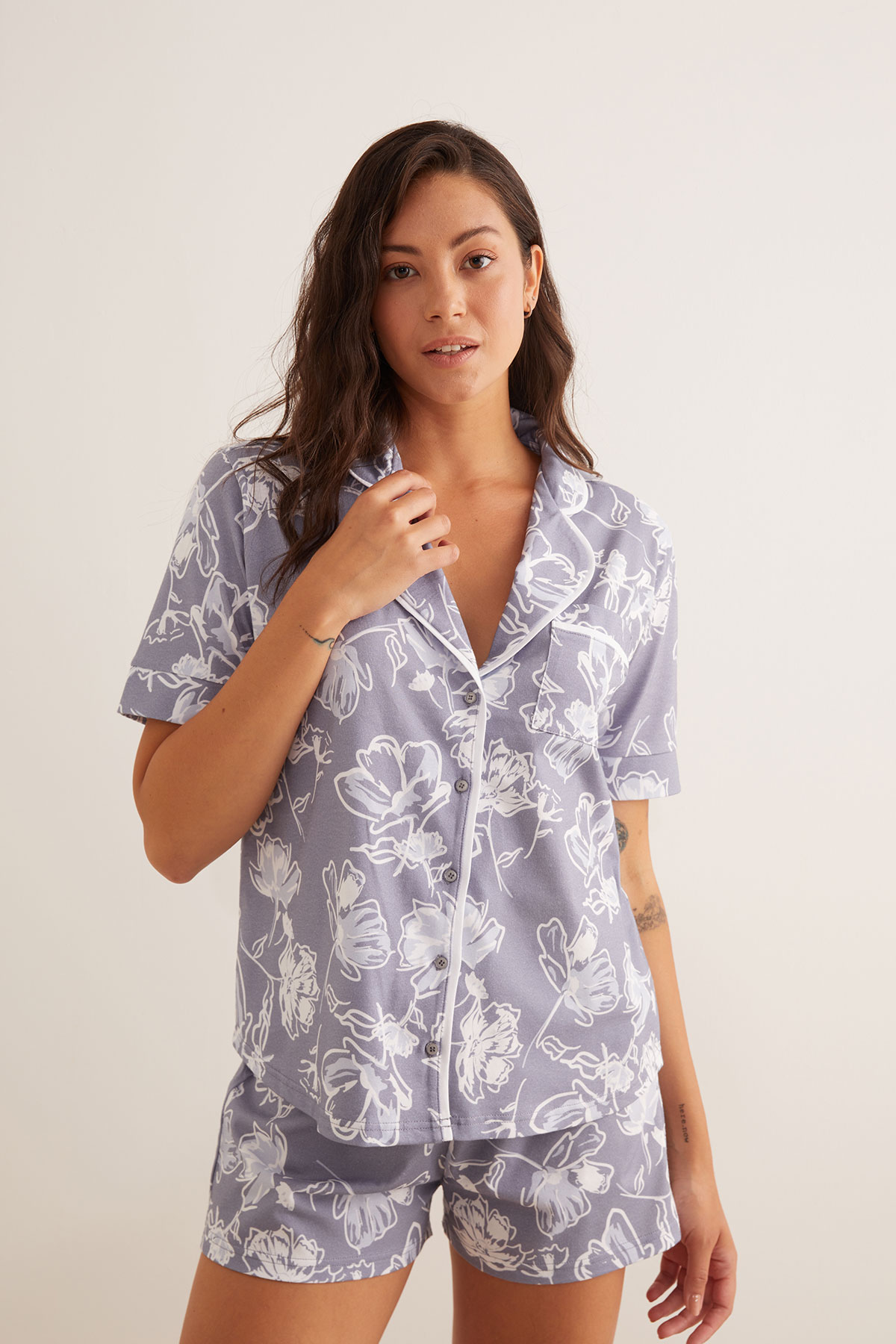Kadın Pamuklu Gömlek Üst Şortlu Pijama Takımı