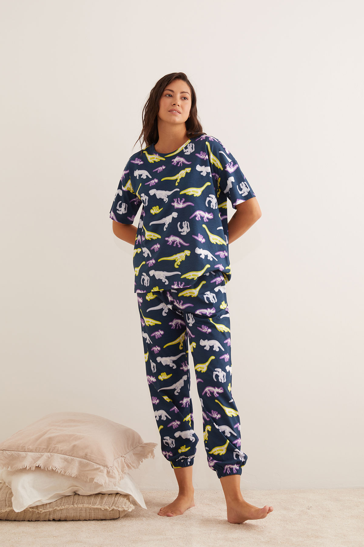 Kadın Pamuklu Dinozor Baskılı Kısa Kollu Uzun Pijama Takımı