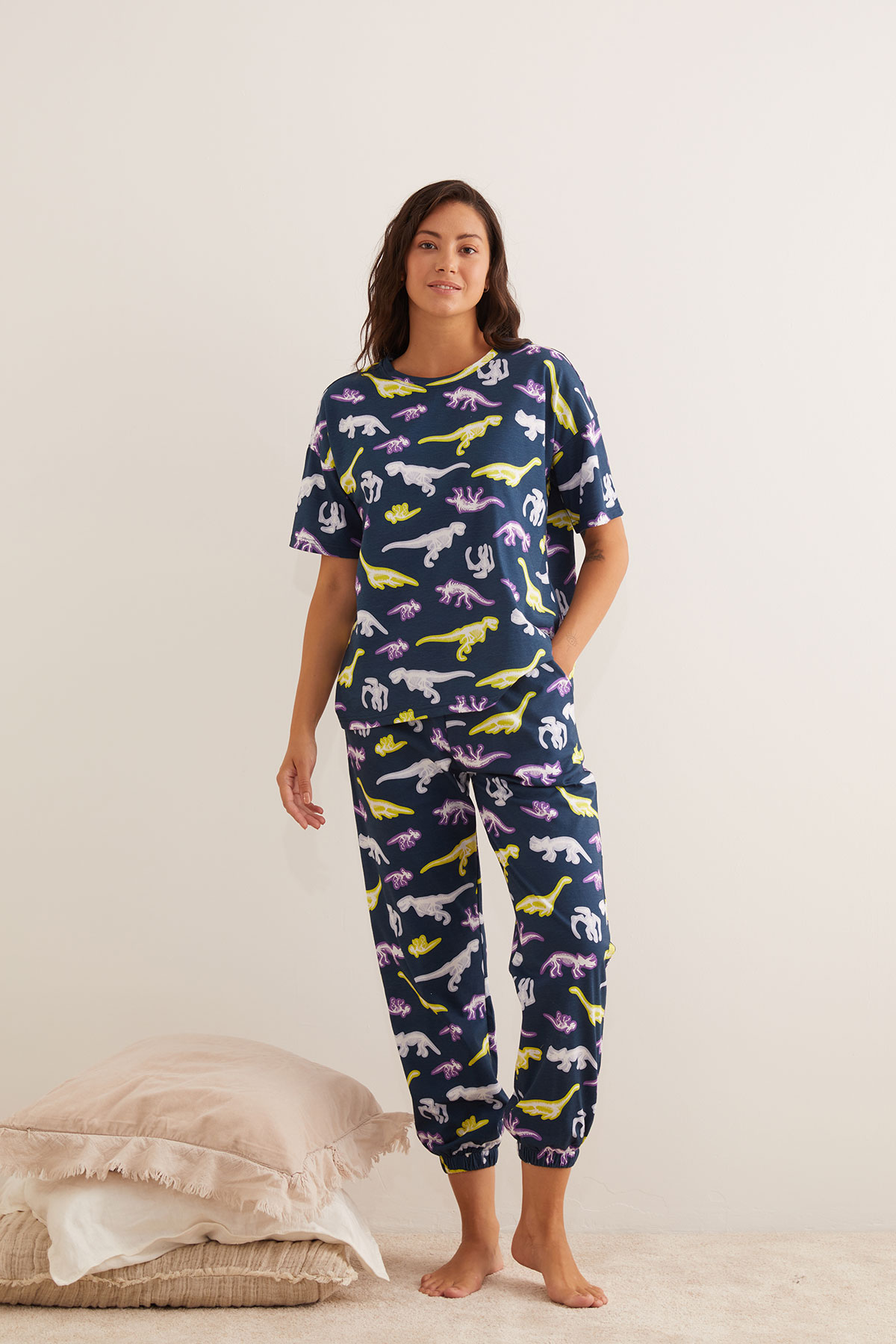 Kadın Pamuklu Dinozor Baskılı Kısa Kollu Pijama Üstü