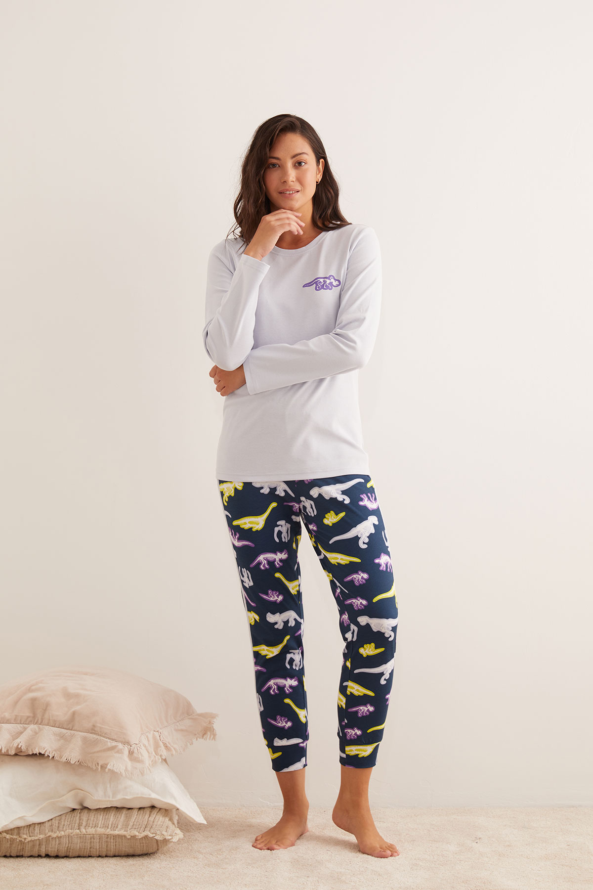 Kadın Pamuklu Dinozor Baskılı Uzun Kollu Pijama Takımı