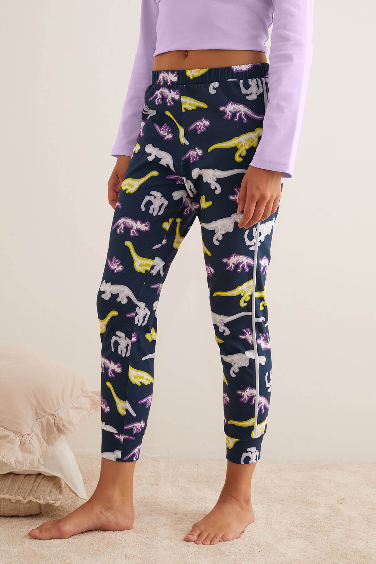 Kadın Pamuklu Dinozor Baskılı Uzun Kollu Pijama Takımı