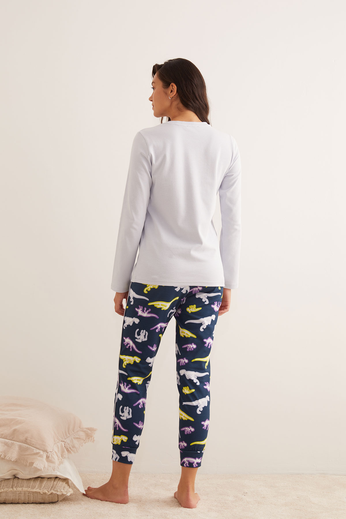 Kadın Pamuklu Dinozor Baskılı Uzun Pijama Altı