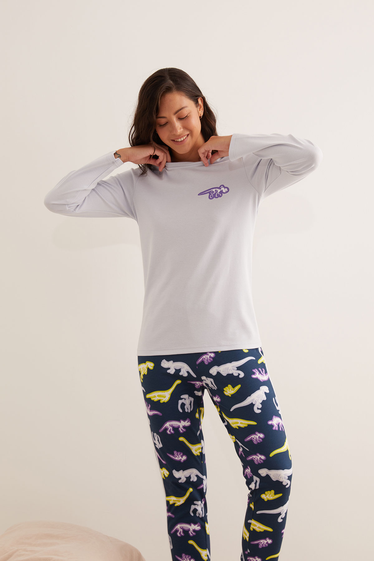 Kadın Pamuklu Dinozor Baskılı Uzun Kollu Pijama Üstü