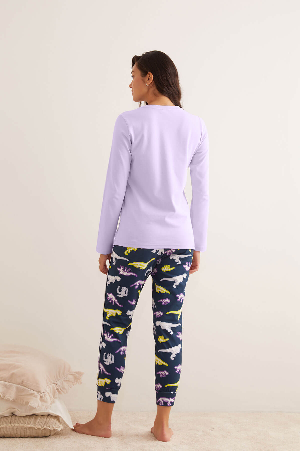 Kadın Pamuklu Dinozor Baskılı Uzun Kollu Pijama Üstü