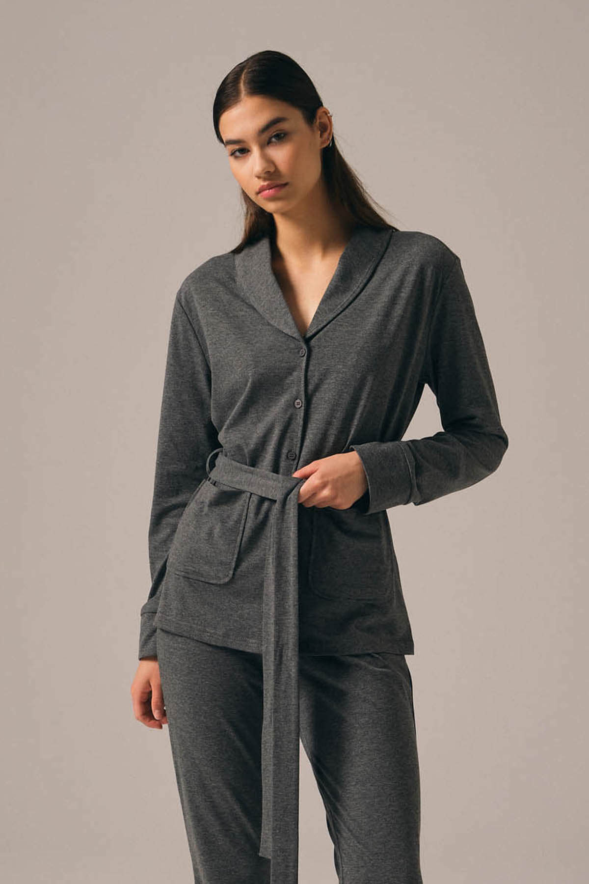 Kadın Pamuklu Bağlama Detaylı Gömlek Pijama Üstü
