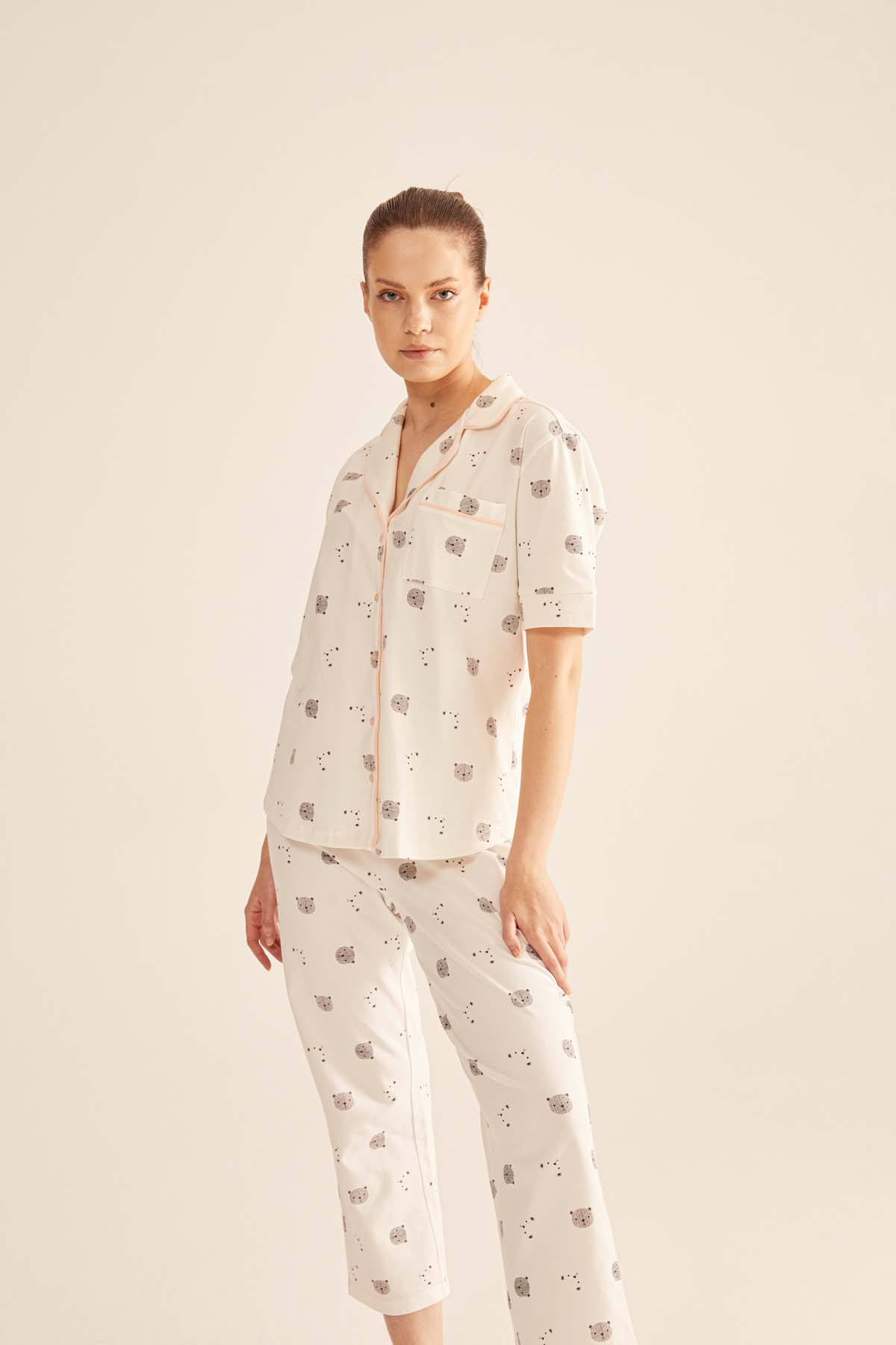 Kadın Pamuklu Gömlek Yaka Pijama Üstü