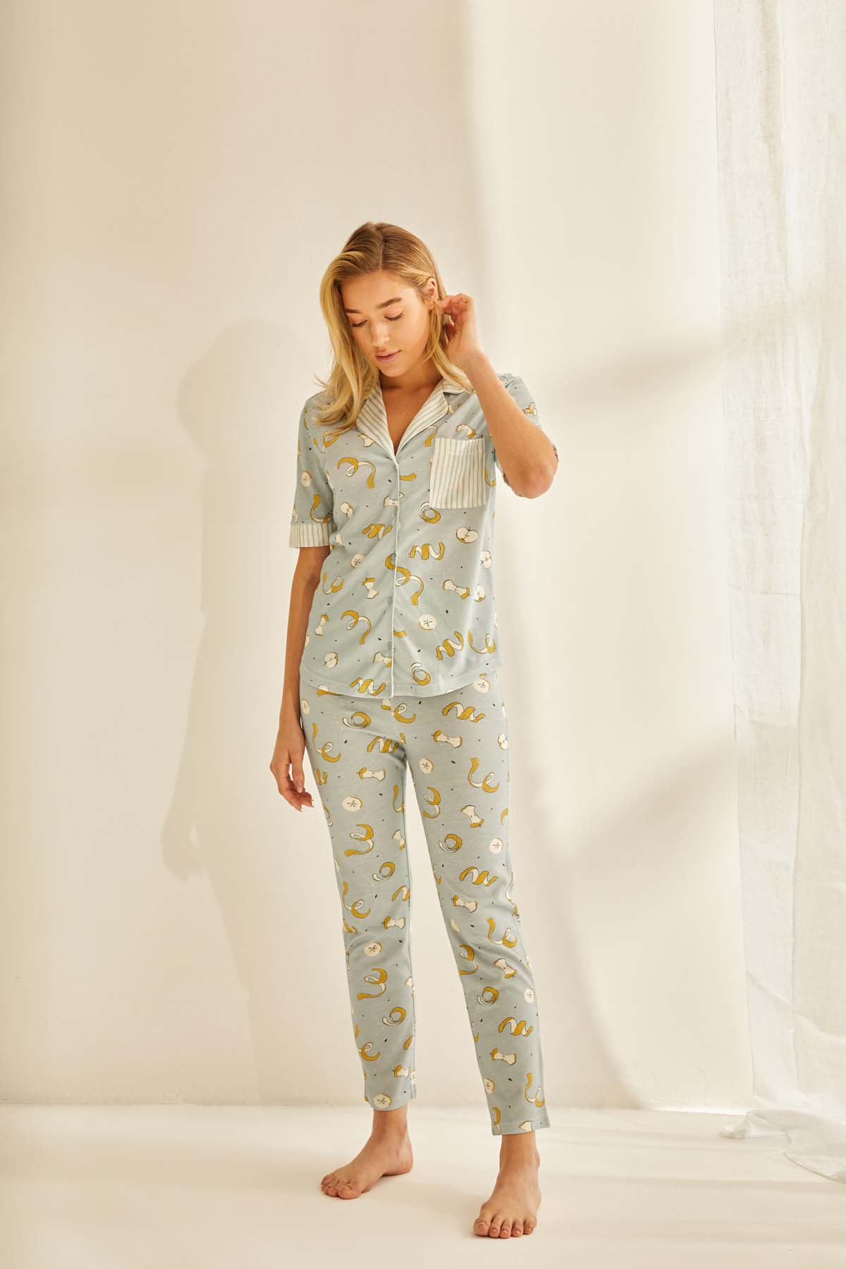 Kadın Modal Gömlek Yaka Midi Pijama Takımı