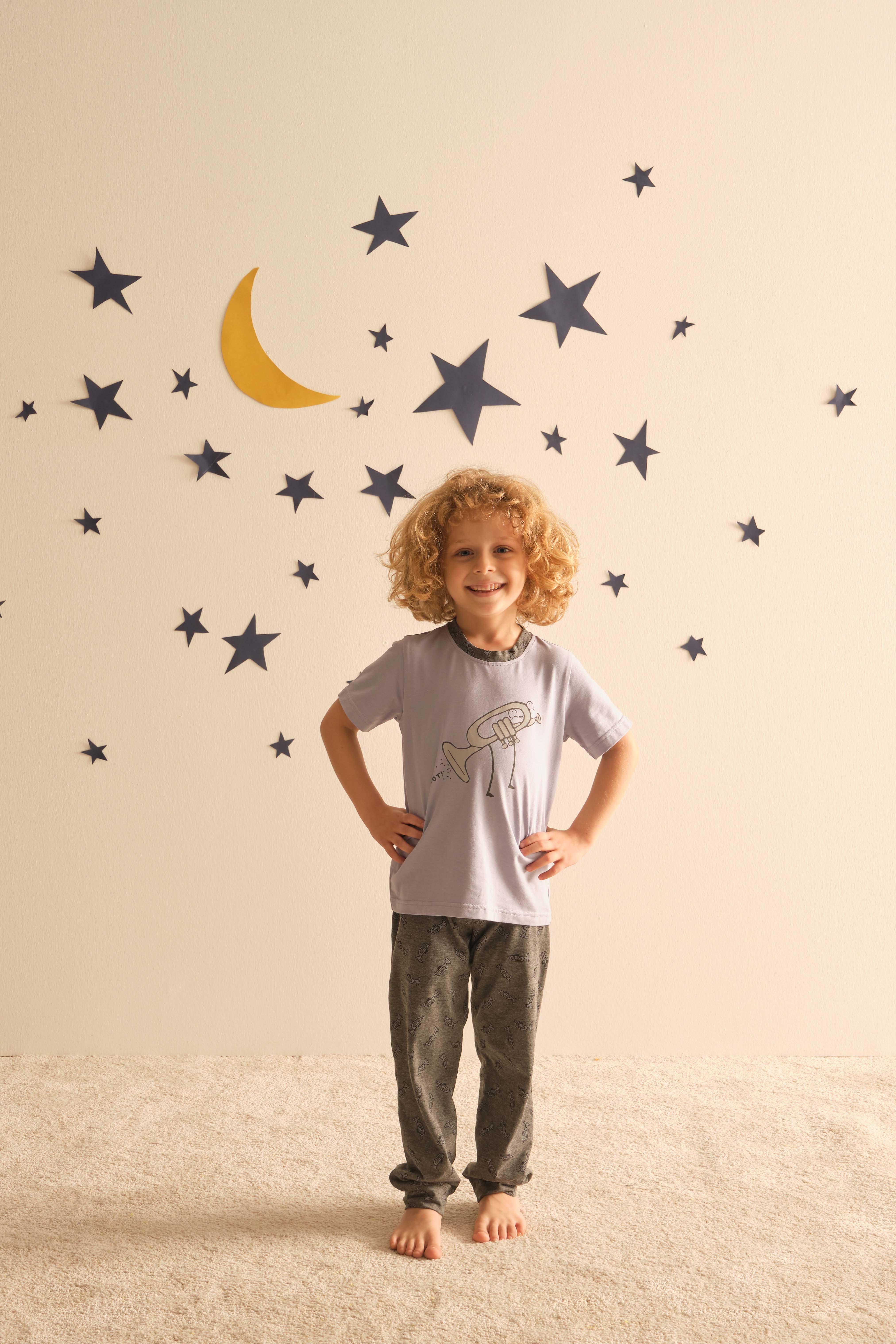 Erkek Çocuk Pamuklu Kısa Kollu Uzun Alt Pijama Takımı