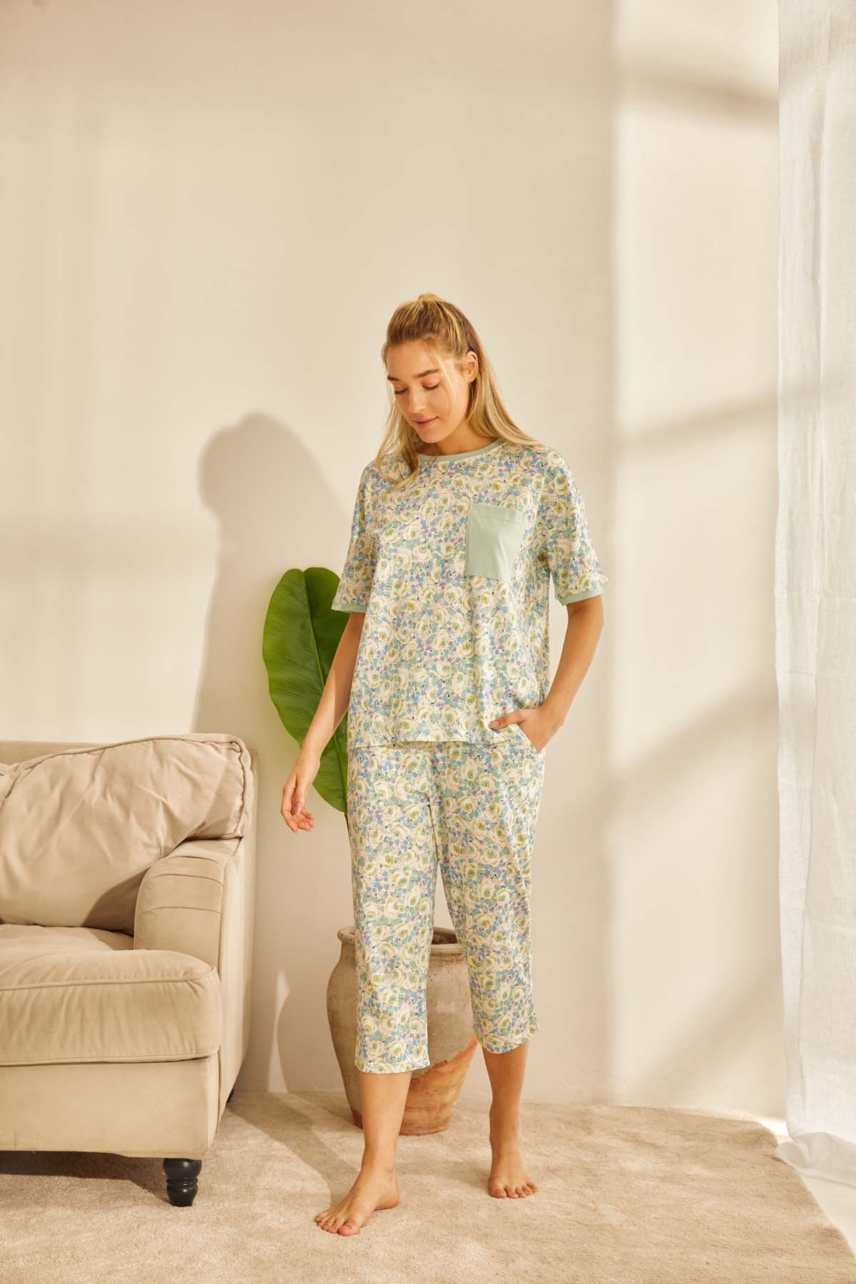Kadın Modal Cep Detaylı Kapri Pijama Takımı