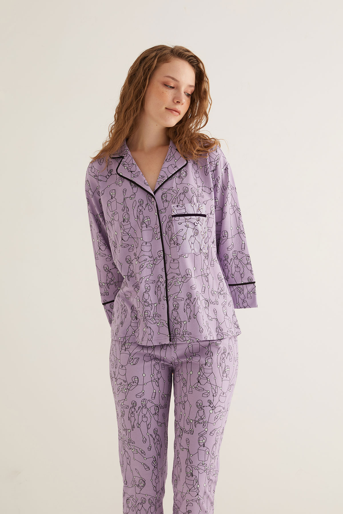 Kadın Pamuklu Kontrast Biye Detaylı Gömlek Pijama Üstü