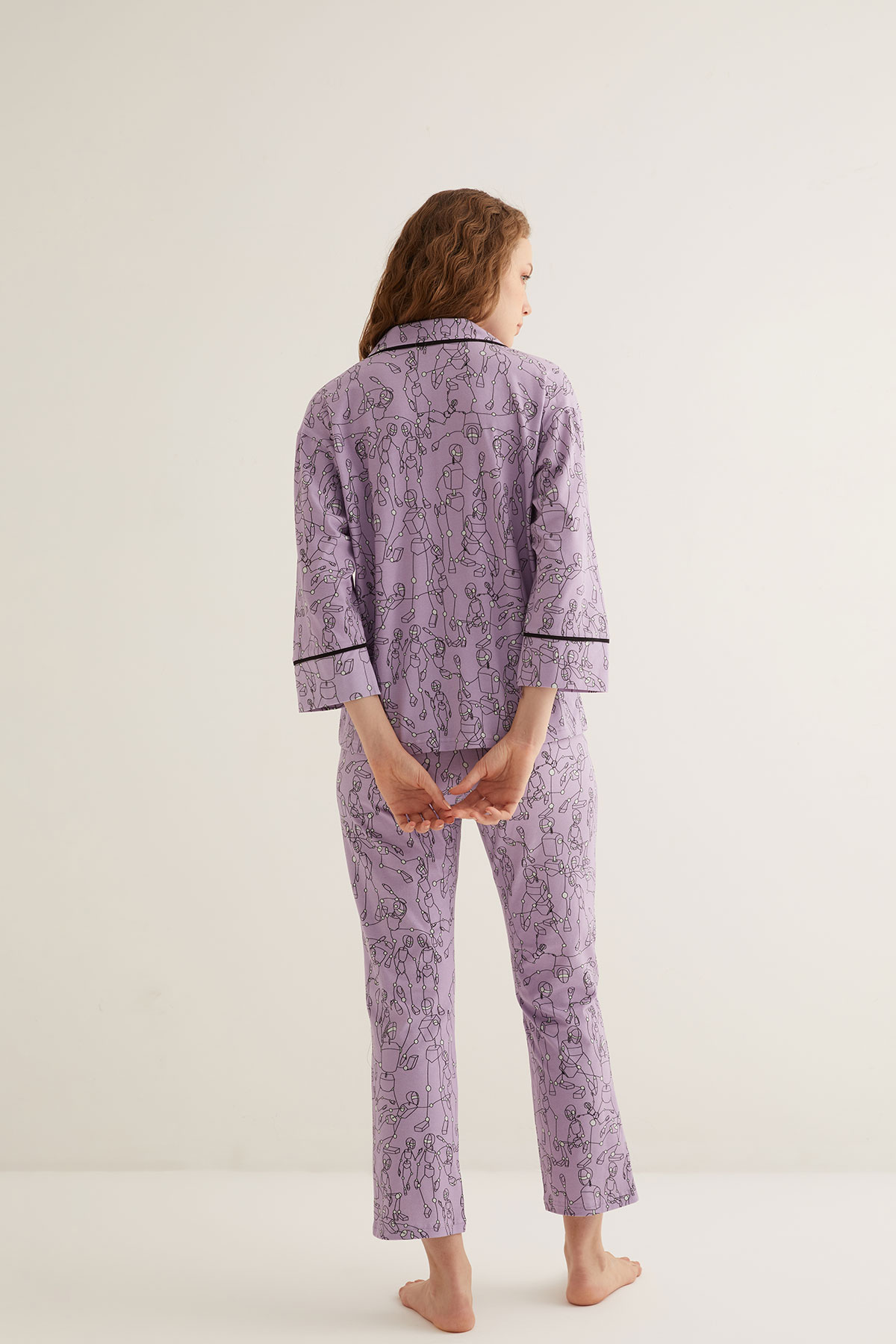 Kadın Pamuklu Kontrast Biye Detaylı Gömlek Pijama Üstü