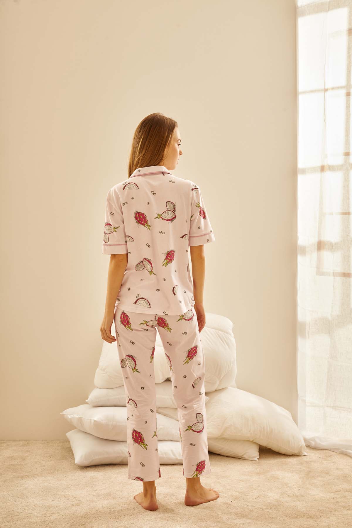 Kadın Pamuklu Gömlek Yaka Midi Pijama Takımı