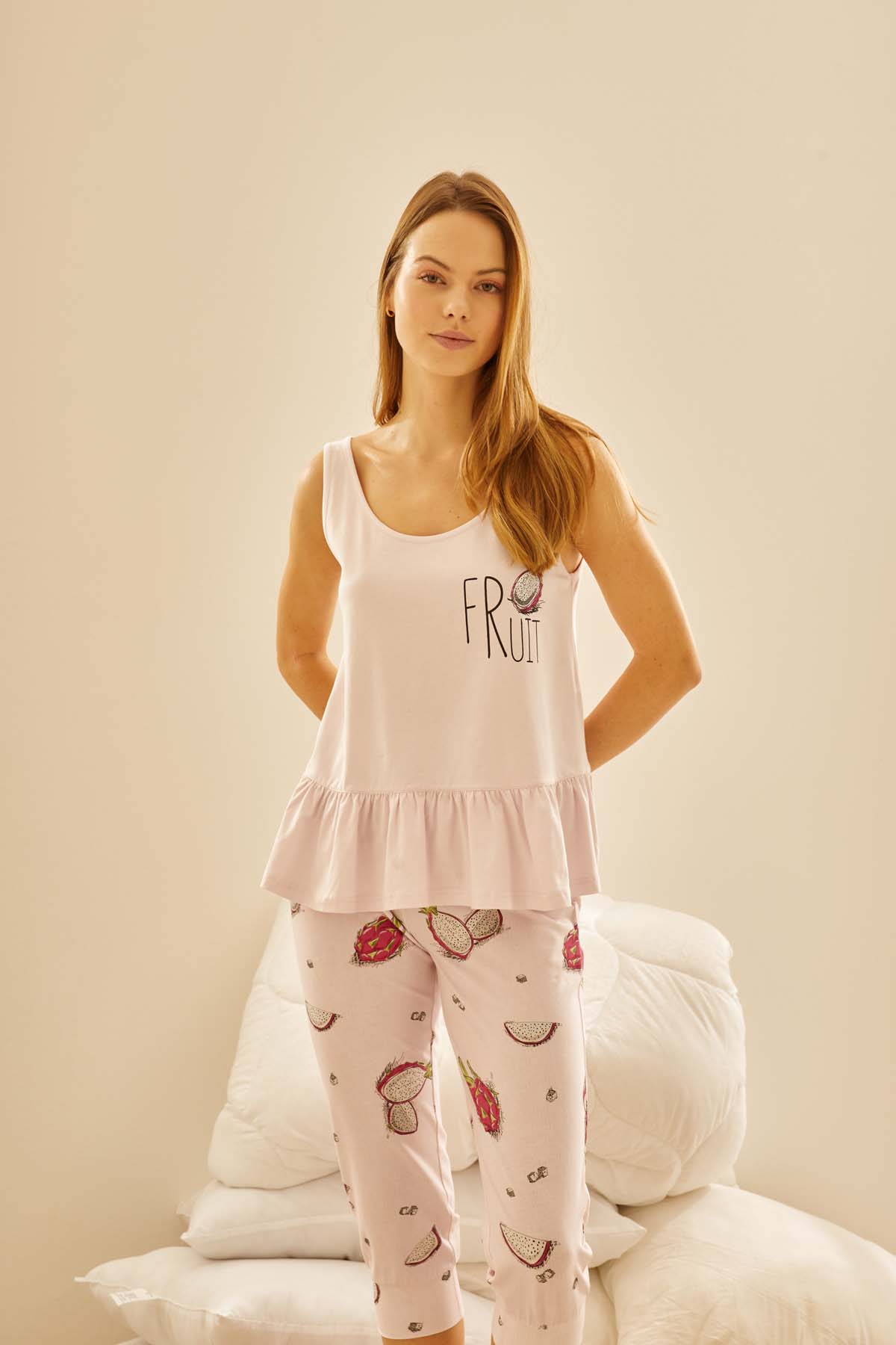 Kadın Pamuklu Fırfırlı Atlet Pijama Üstü