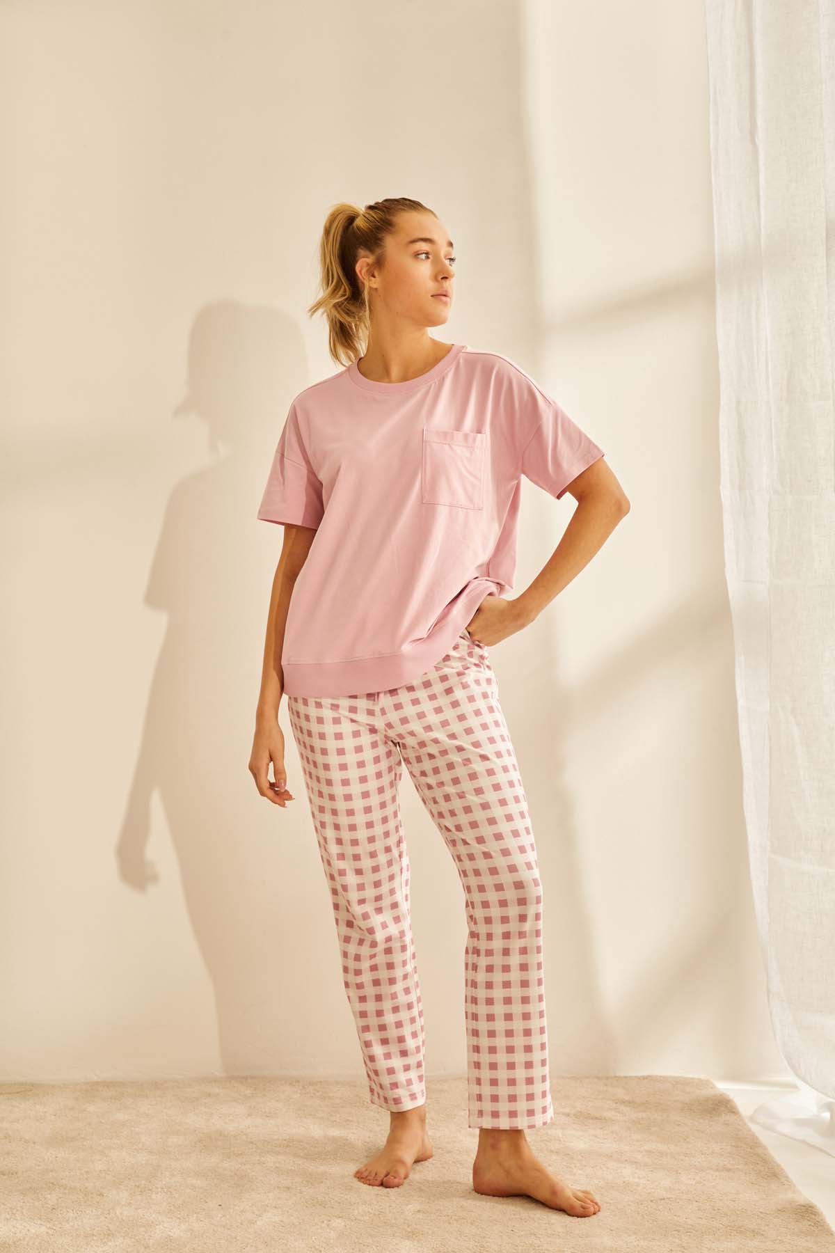Kadın Pamuklu Cep Detaylı Midi Pijama Takımı