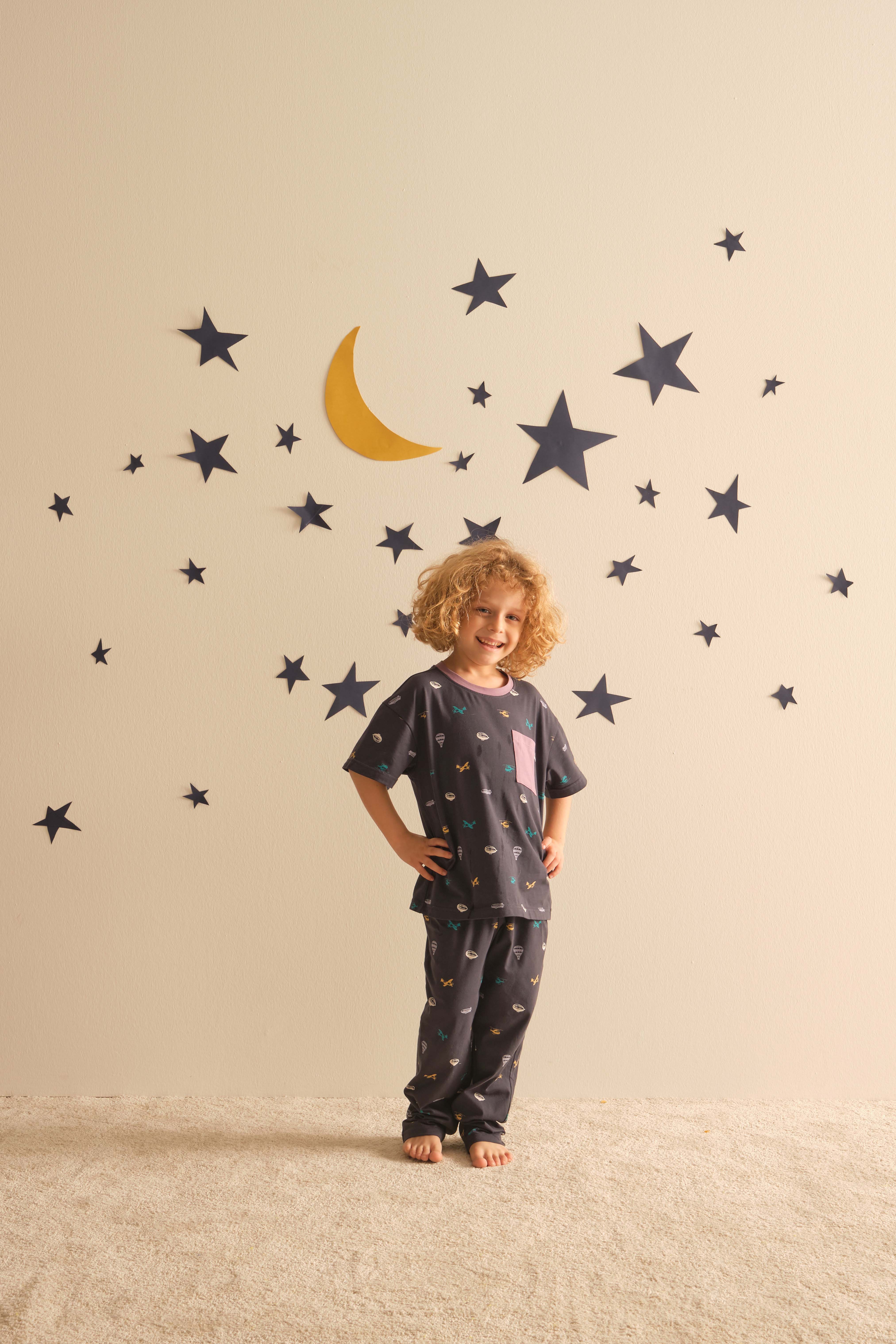 Erkek Çocuk Pamuklu Kısa Kollu Uzun Alt Pijama Takımı