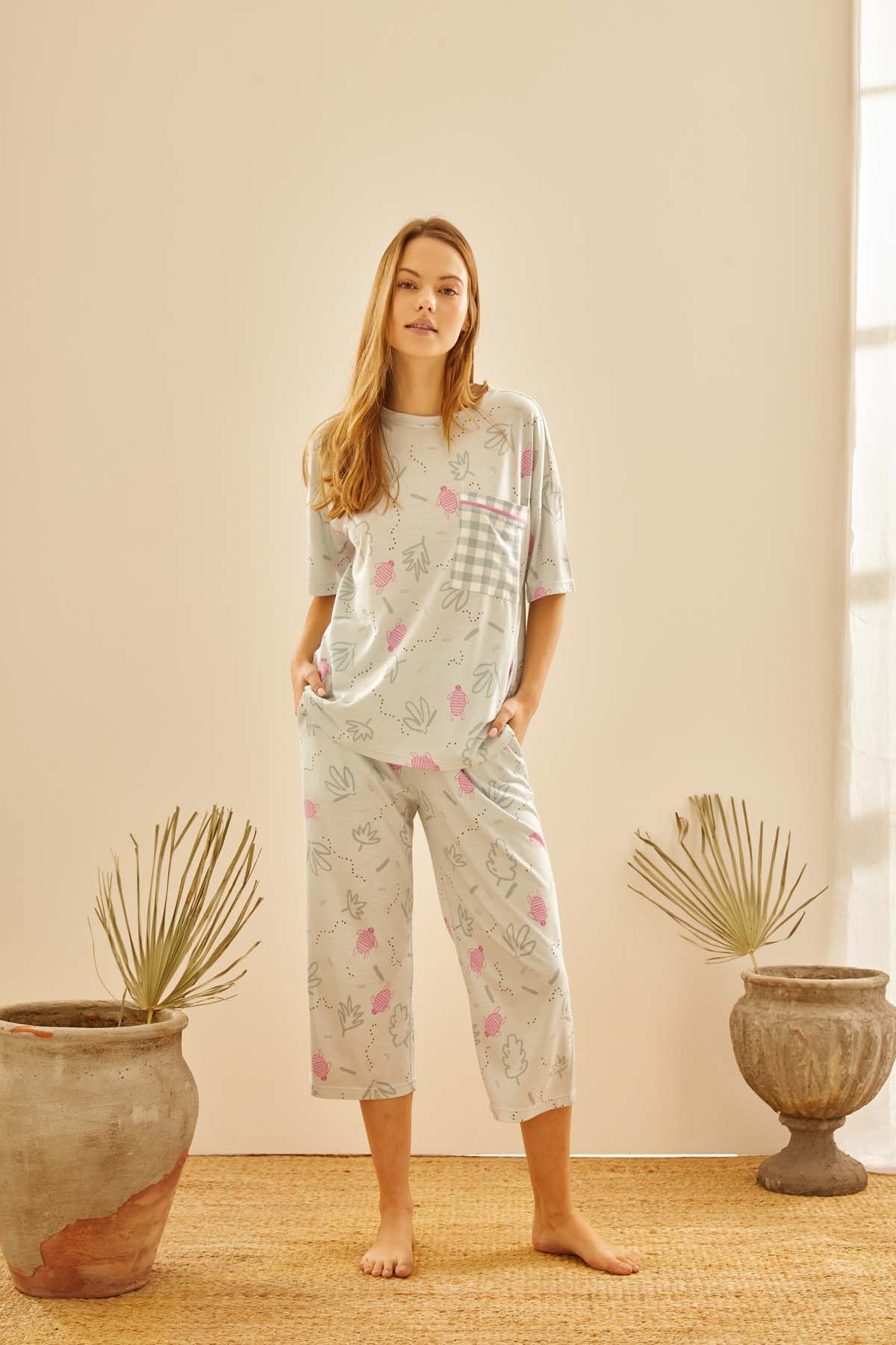 Kadın Pamuklu Cepli Kapri Pijama Altı