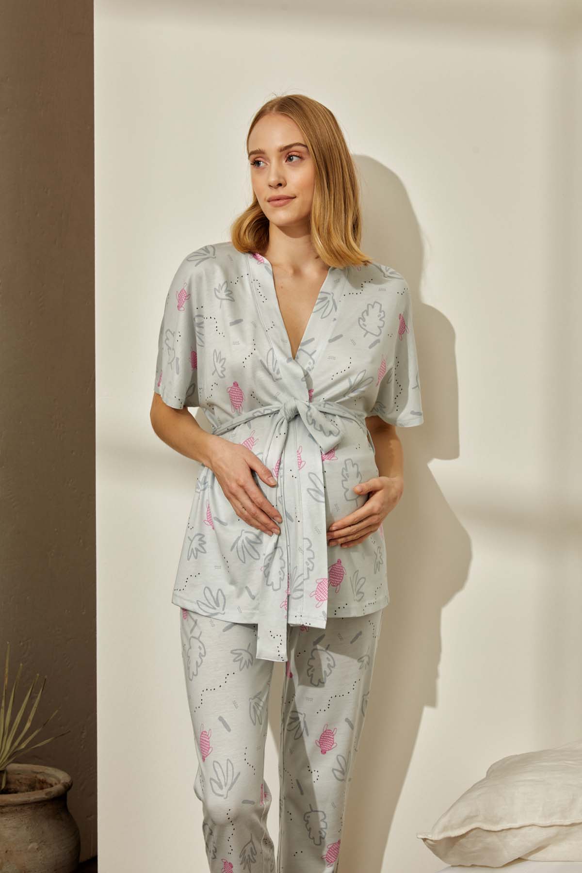 Kadın Anne Adayı Pamuklu Kimonolu Uzun Pijama Takımı