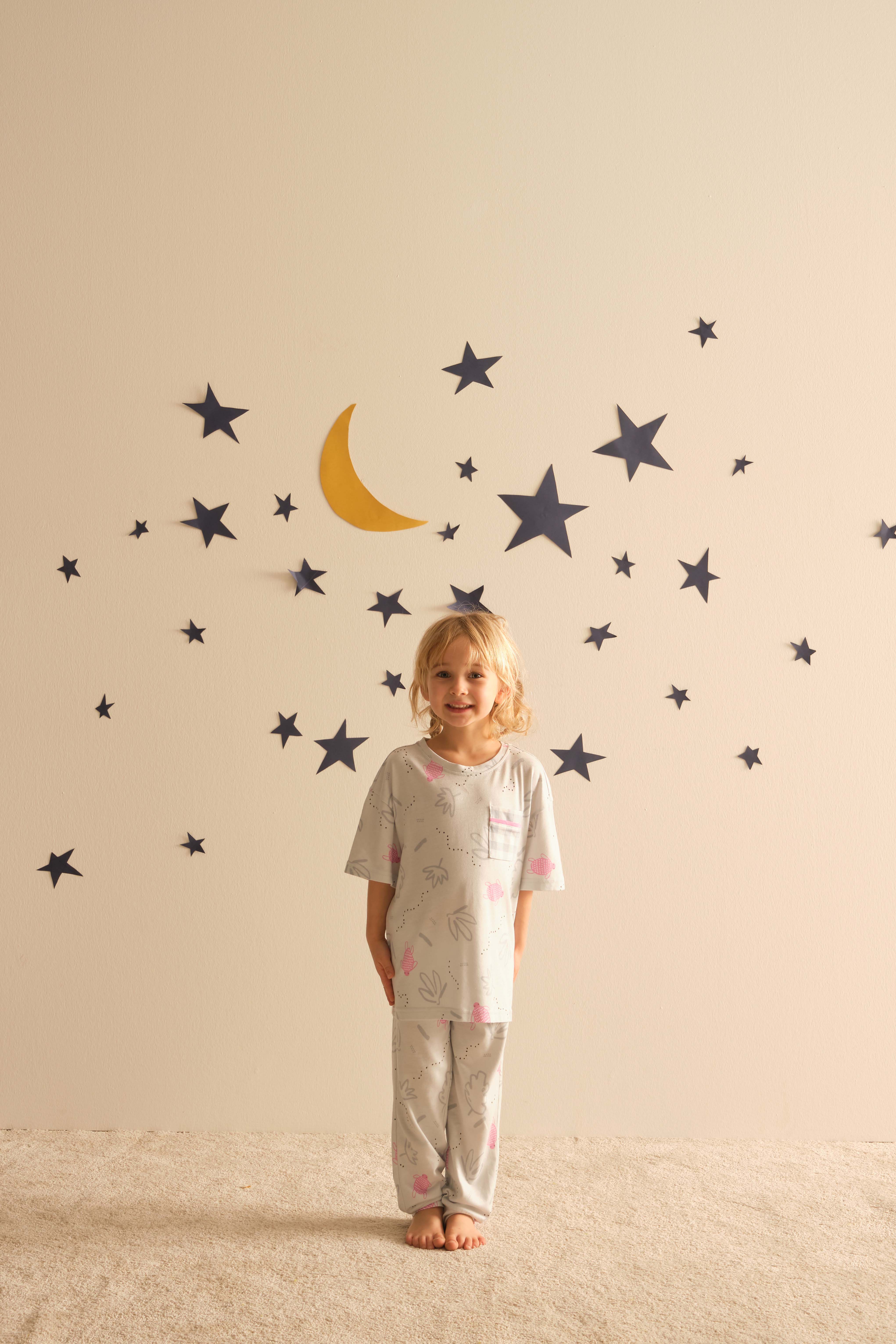 Kız Çocuk Pamuklu Kısa Kollu Alt Uzun Pijama Takımı