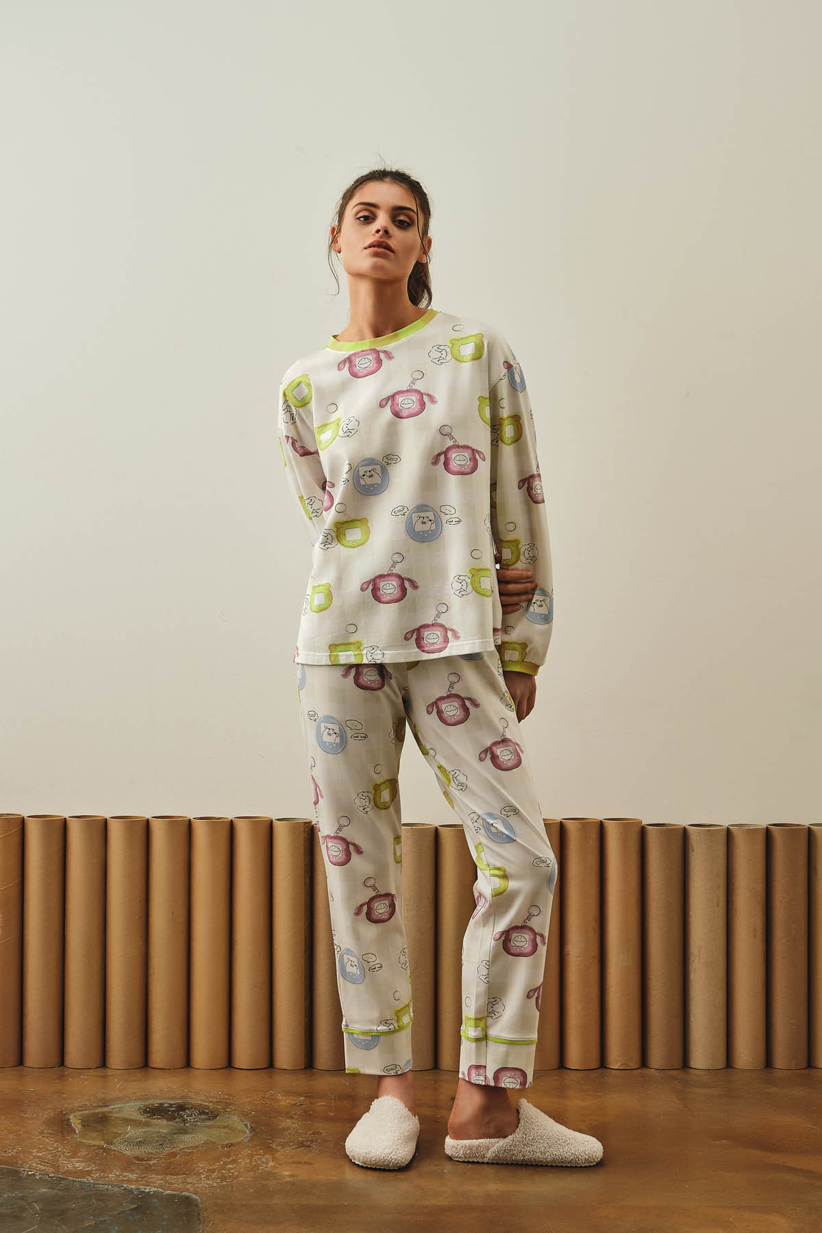 Kadın Pamuklu Uzun Kollu Paçası Kıvırma Detaylı Pijama Takımı