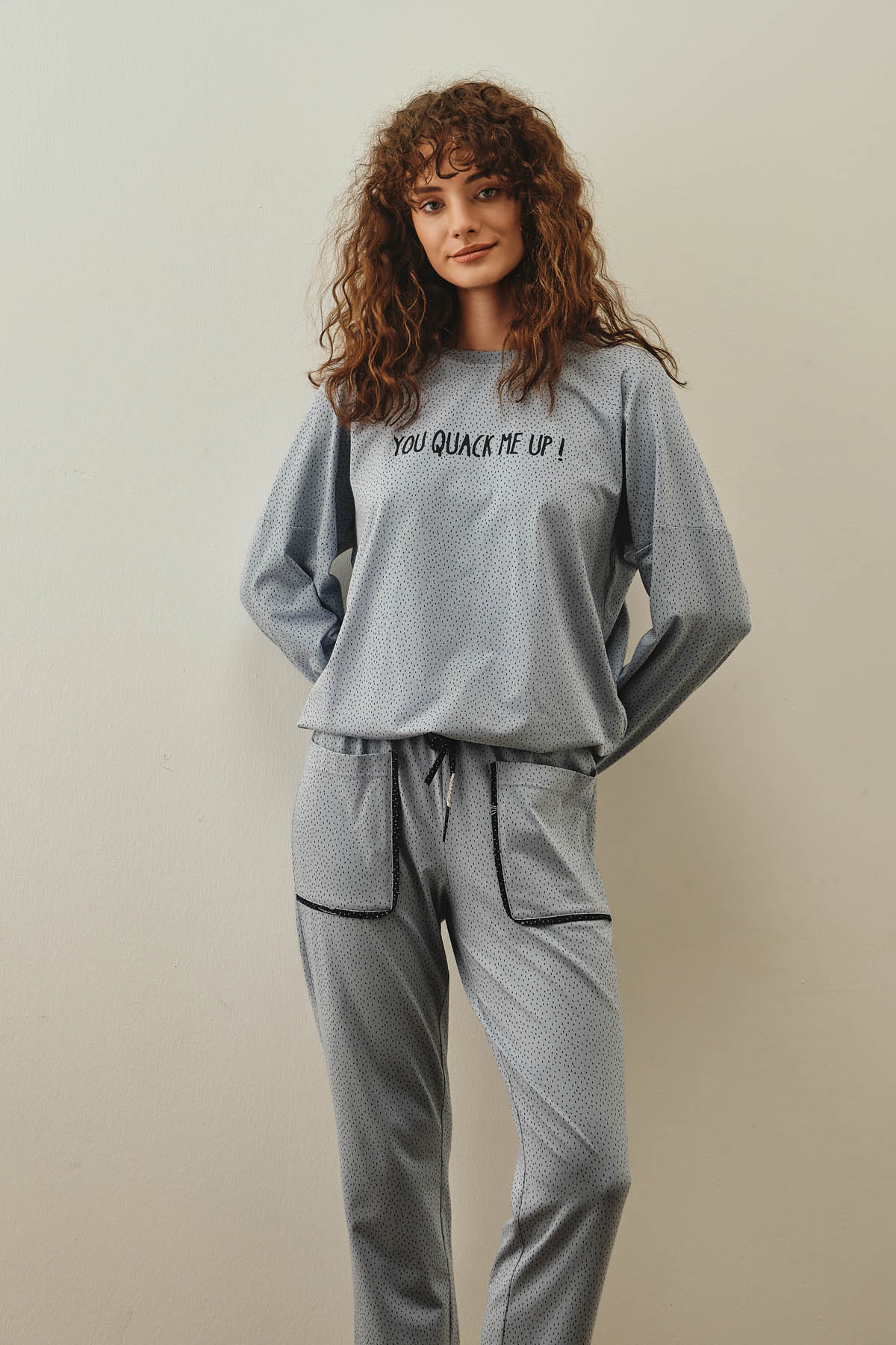 Kadın Pamuklu Belden Bağlamalı Uzun Kollu Pijama Üstü