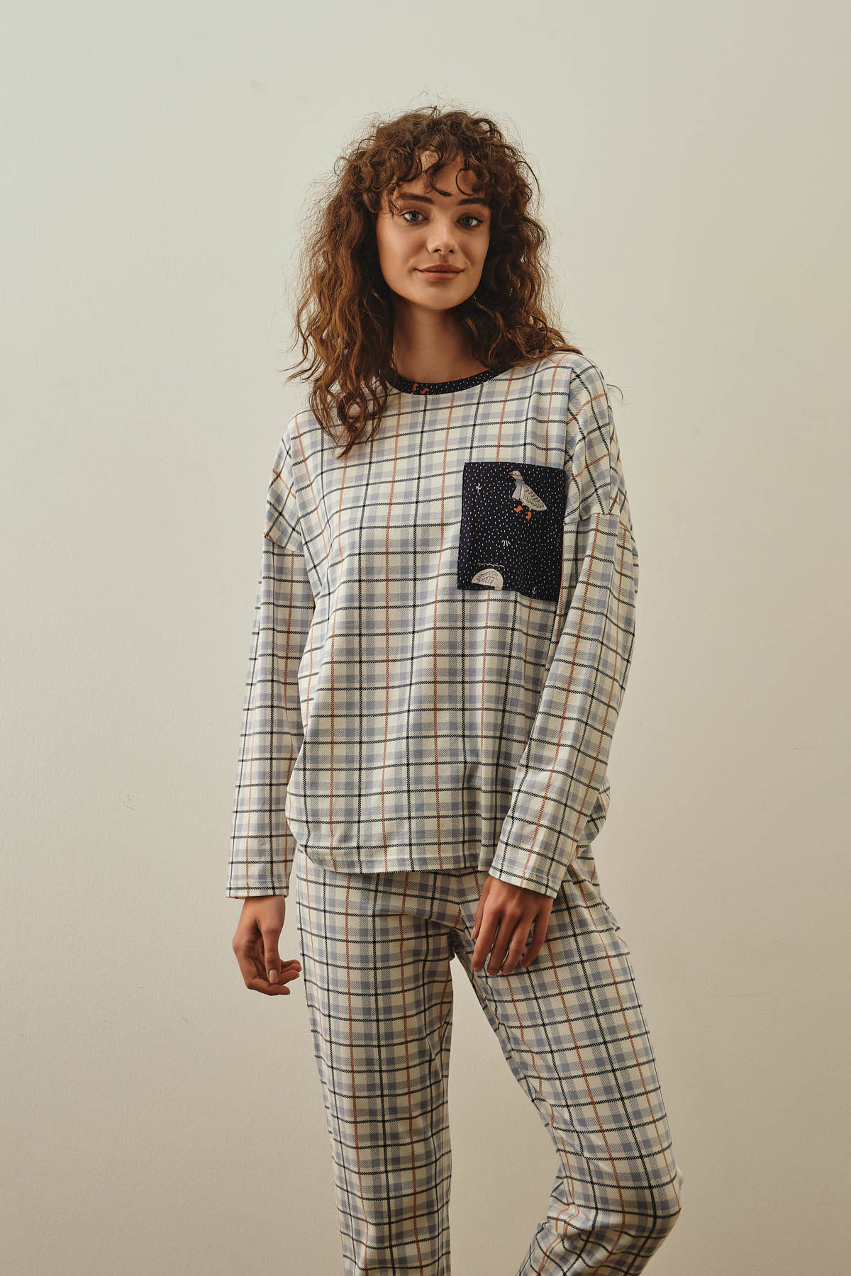 Kadın Pamuklu Cepli Uzun Kollu Pijama Üstü