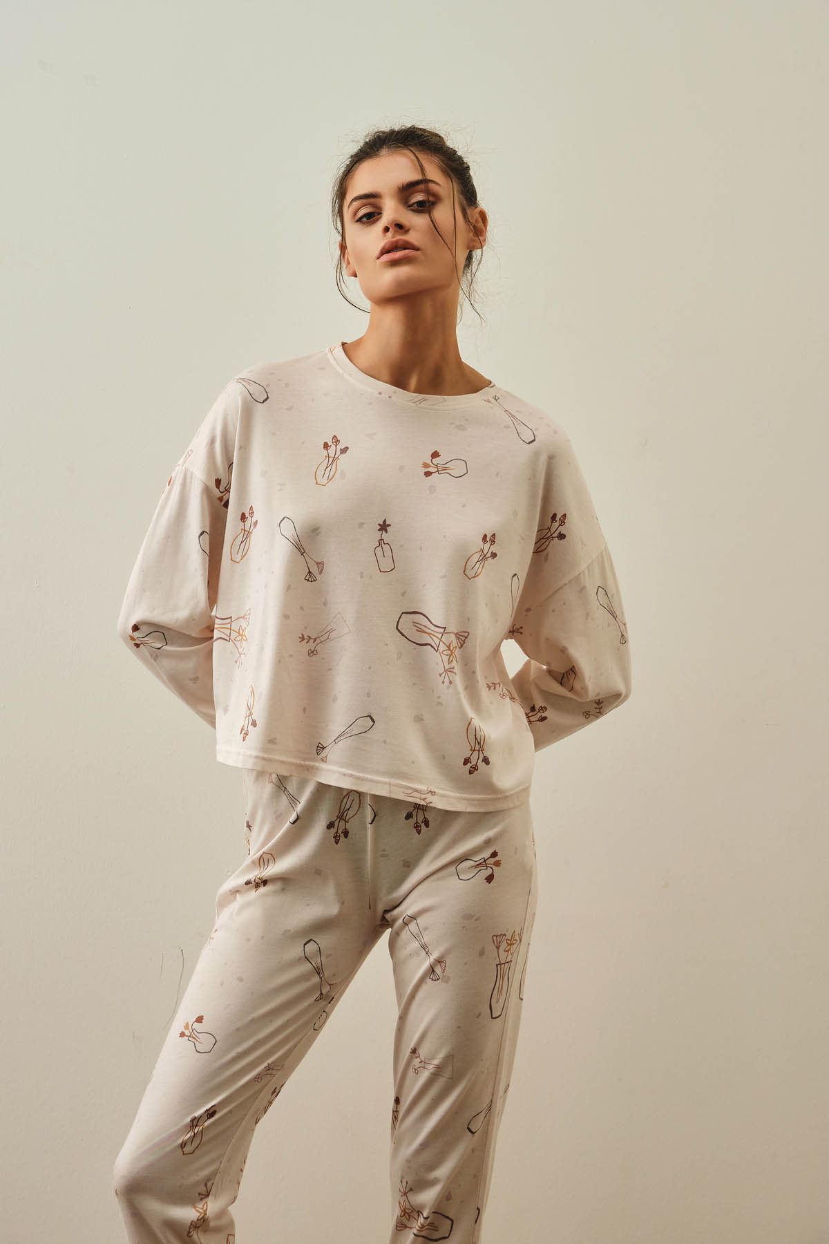 Kadın Modal Karışımlı Pamuklu Uzun Pijama Üstü