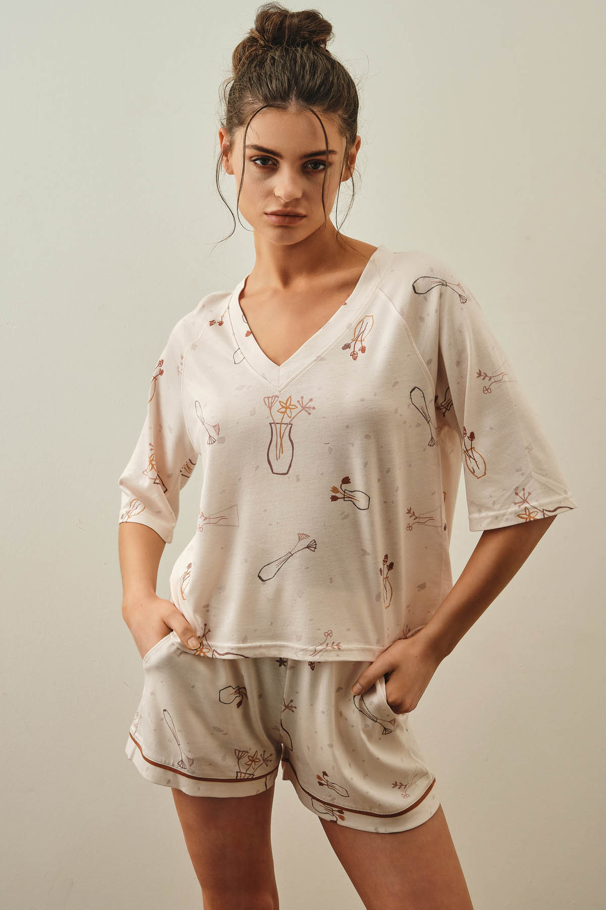 Kadın Modal Karışımlı Pamuklu Kısa Kollu Pijama Üstü