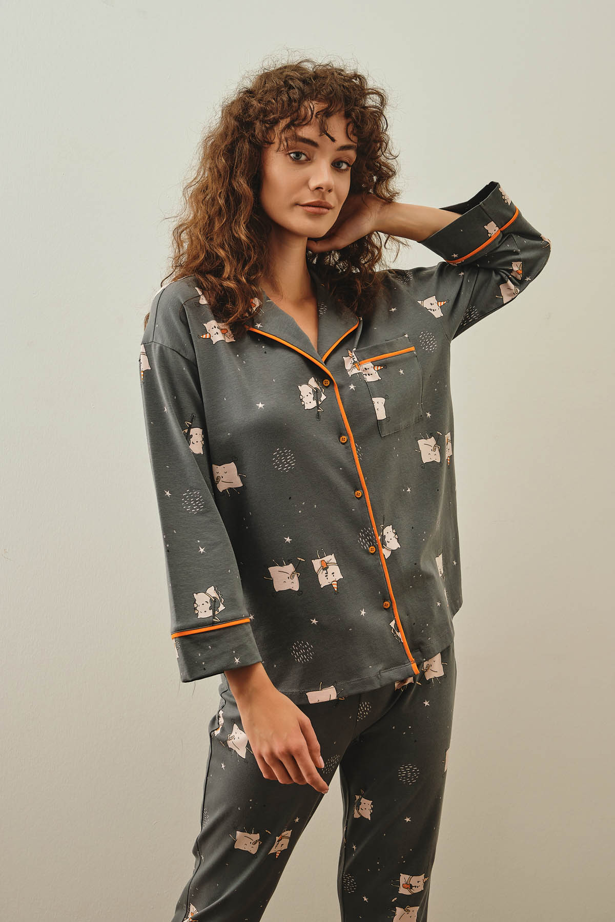 Kadın Pamuklu Gömlek Yaka Uzun Pijama Takımı