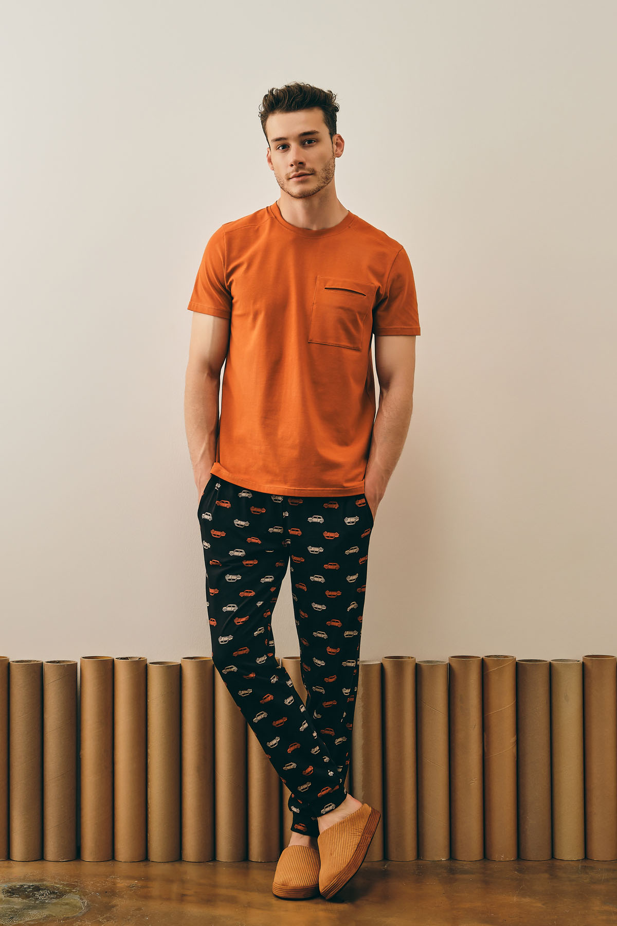 Erkek Pamuklu Kısa Kollu Uzun Pijama Takımı