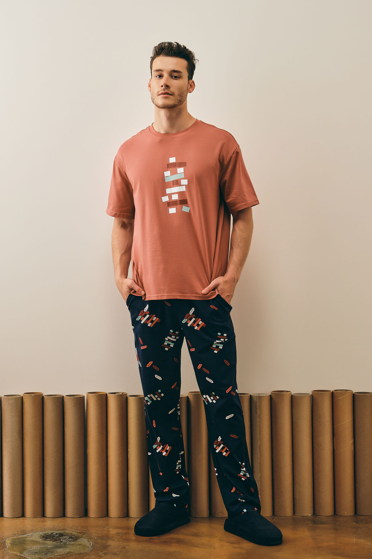 Erkek Pamuklu Kısa Kollu Uzun Pijama Takımı