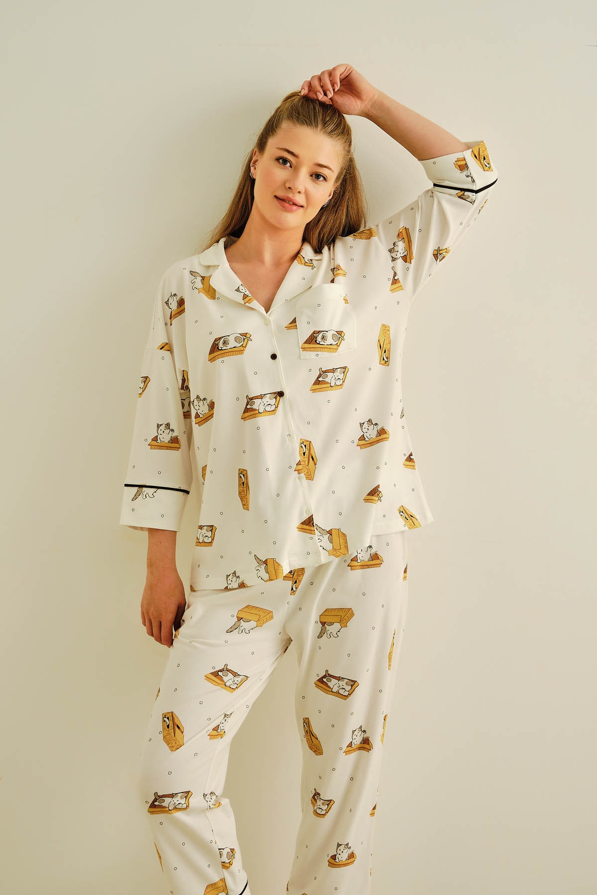 Kadın Büyük Beden Pamuklu Gömlek Yakalı Pijama Üstü