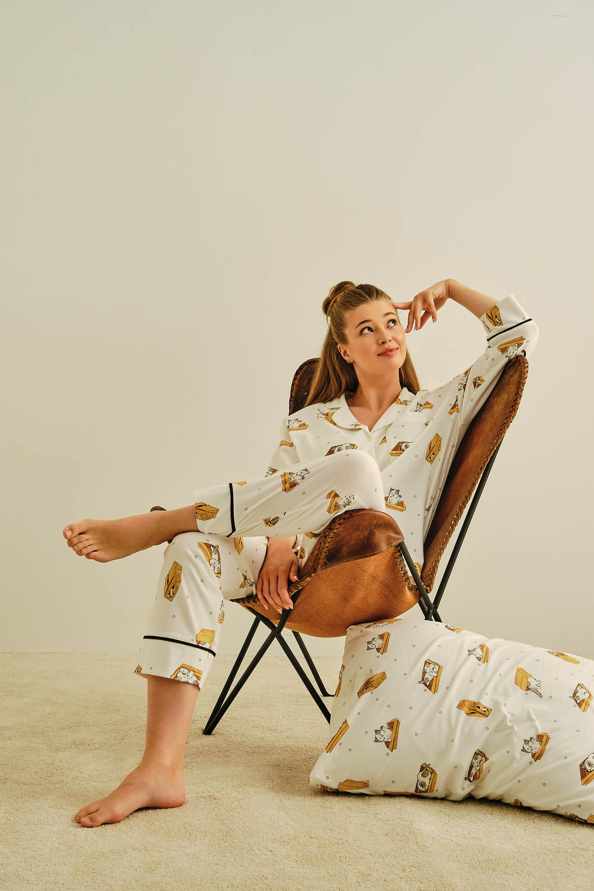 Kadın Büyük Beden Pamuklu Gömlek Yakalı Pijama Takımı
