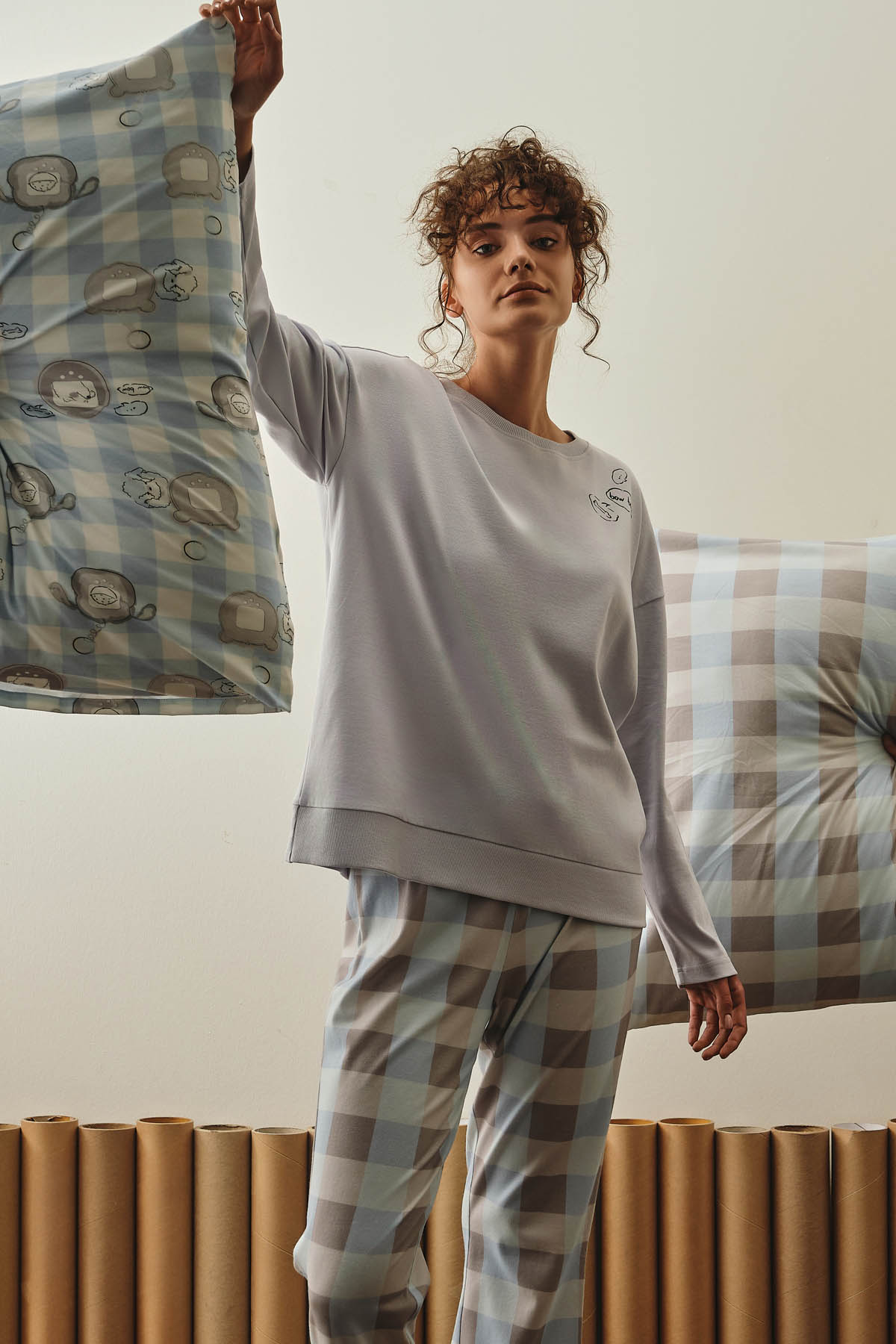 Kadın Pamuklu Uzun Kollu Pijama Üstü