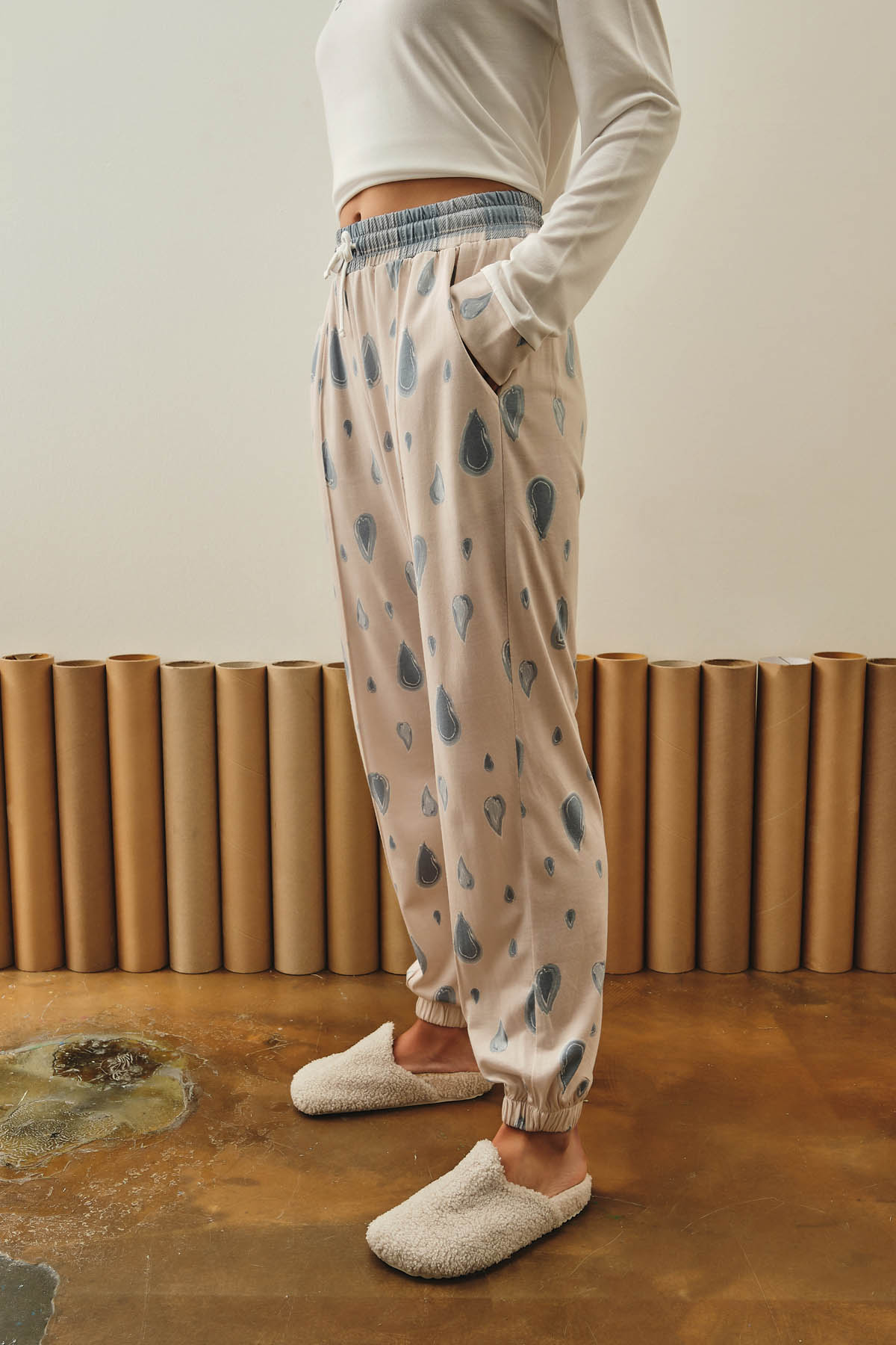 Kadın Pamuklu Belde Bağlama Detaylı Uzun Pijama Altı