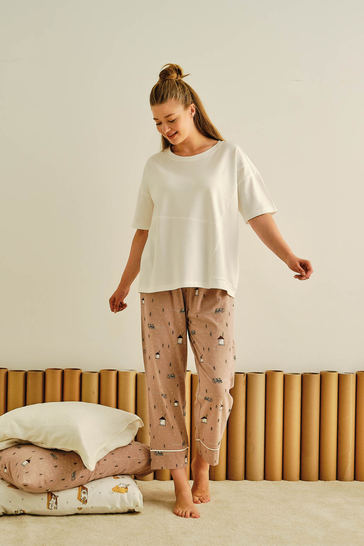 Kadın Büyük Beden Pamuklu Kısa Kollu Uzun Pijama Takımı