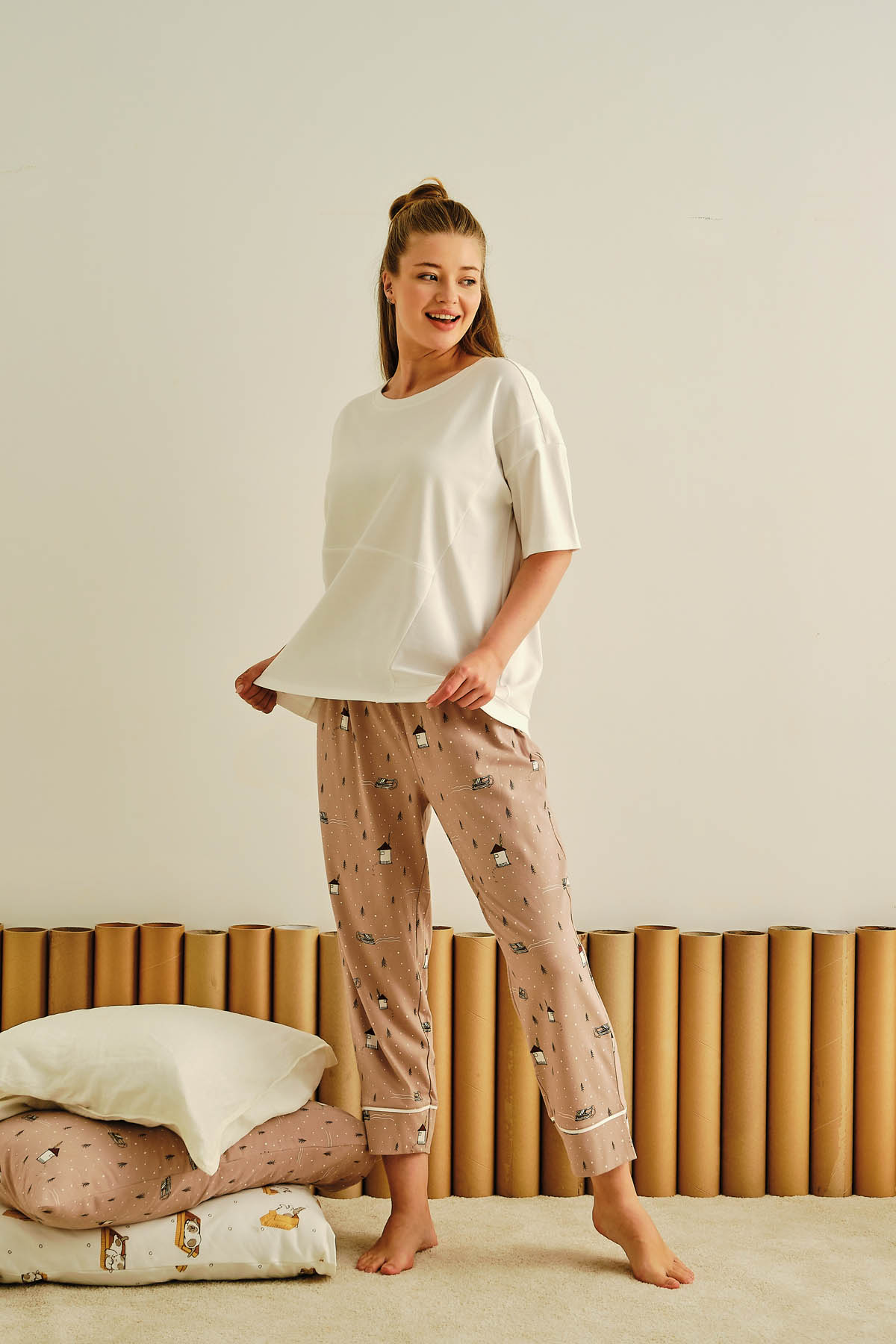 Kadın Büyük Beden Pamuklu Kısa Kollu Uzun Pijama Takımı