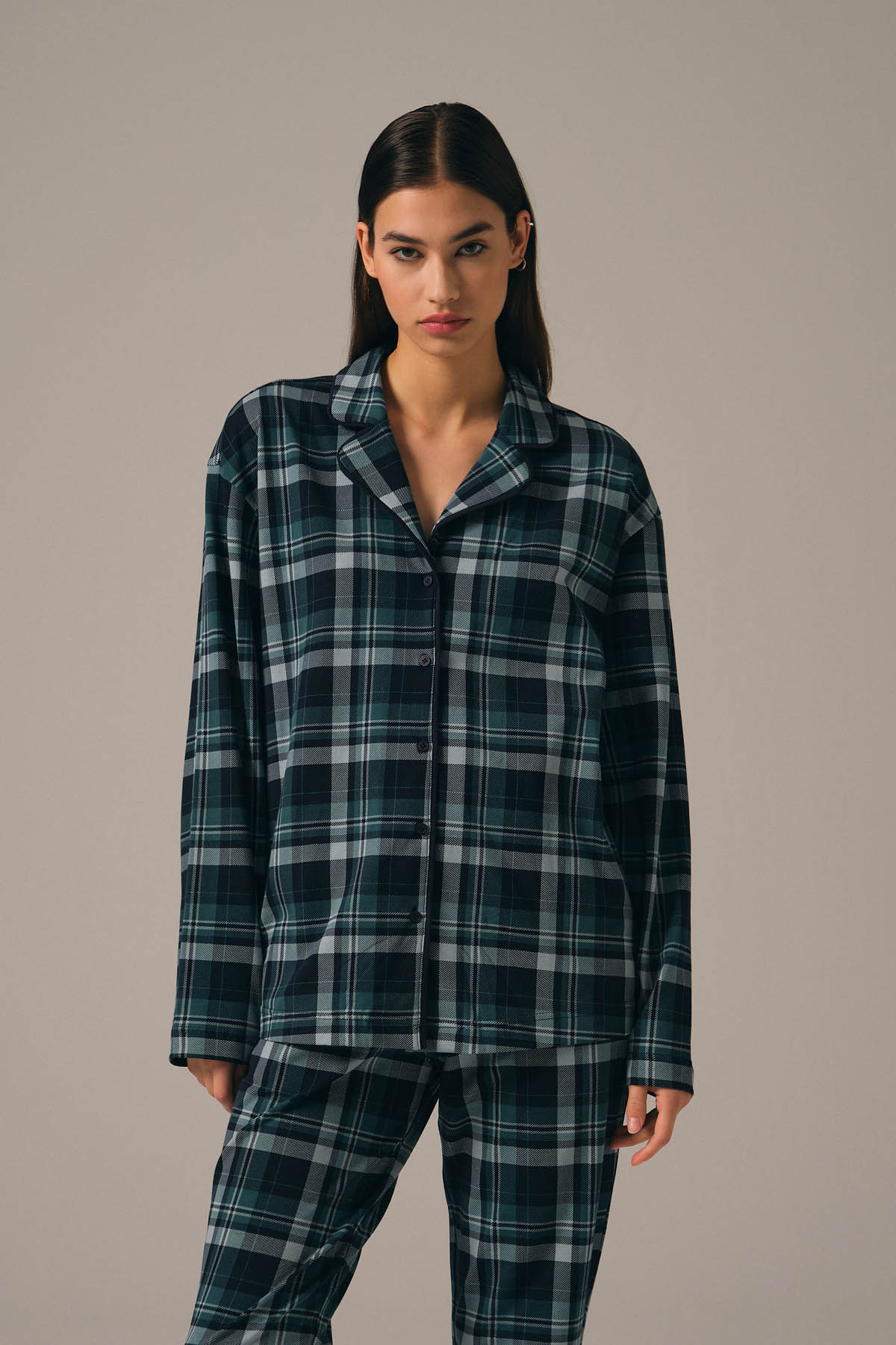 Kadın Pamuklu Gömlek Yaka Pijama Üstü