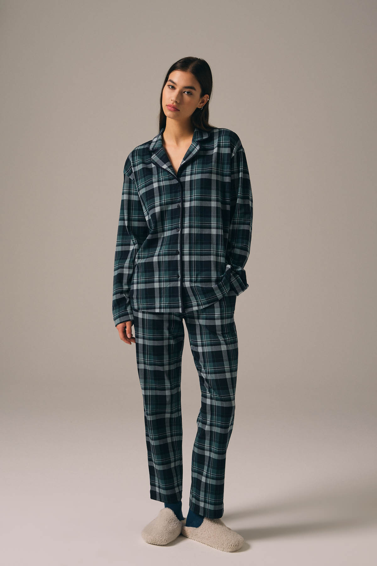 Kadın Pamuklu Gömlek Yaka Pijama Üstü