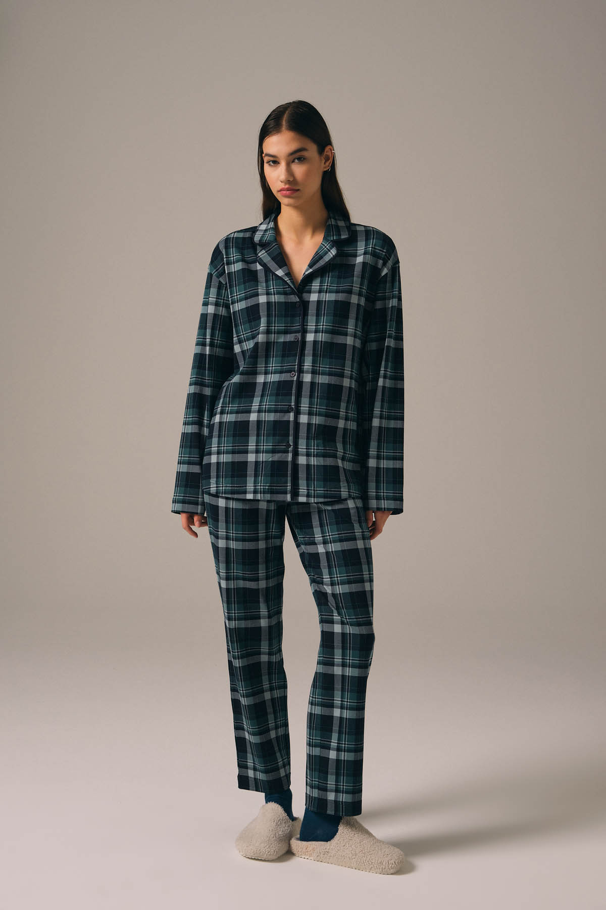 Kadın Pamuklu Gömlek Yaka Pijama Üstü