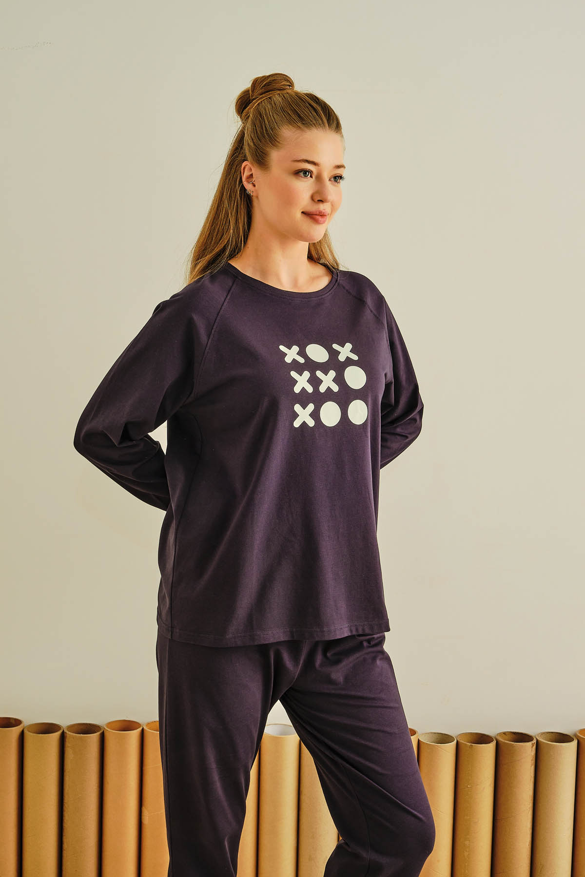 Kadın Büyük Beden Pamuklu Uzun Kollu Pijama Üstü